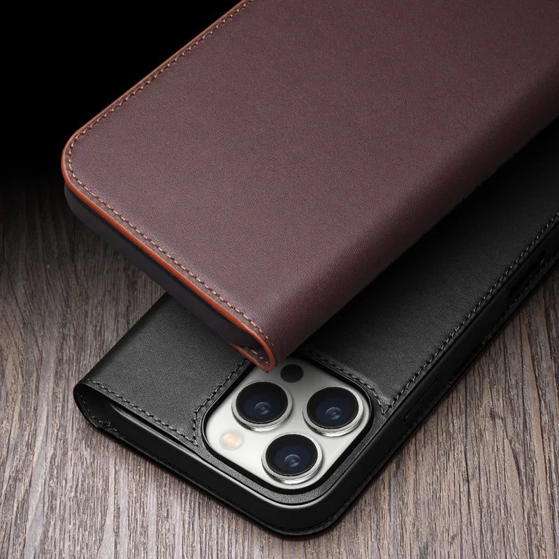 QIALINO Genuine Leather Wallet Case for iPhone 16 Pro - Handmade Premium Leather Phone Cover with Card Slots | Perfect for Everyday Use, Travel & Business (Black/Brown)