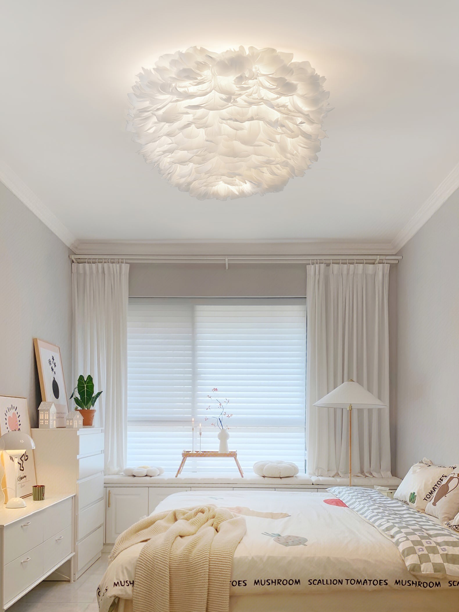 Feathered Ceiling Lamp - Elegant Boho Chandelier with Natural Feathers for Bedroom, Living Room, or Dining Room Lighting