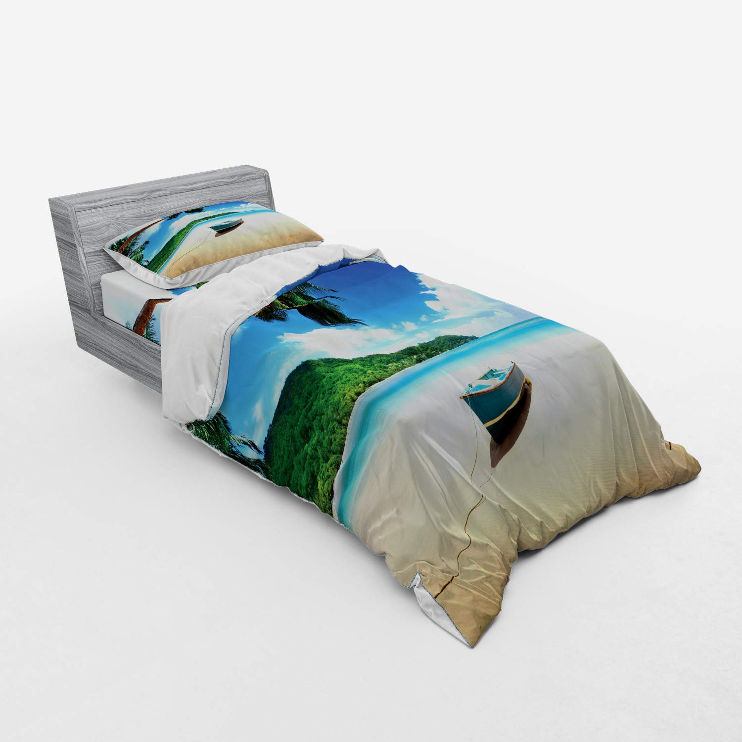 Ambesonne Beach Duvet Cover Set - Boat on Mahe Island Lagoon Seychelles Exotic Shoreline Design, 3-Piece Bedding Set with Pillow Sham & Fitted Sheet, Twin XL Size, Blue Green Sand Brown - Perfect for Coastal Themed Bedrooms & Vacation Home Decor