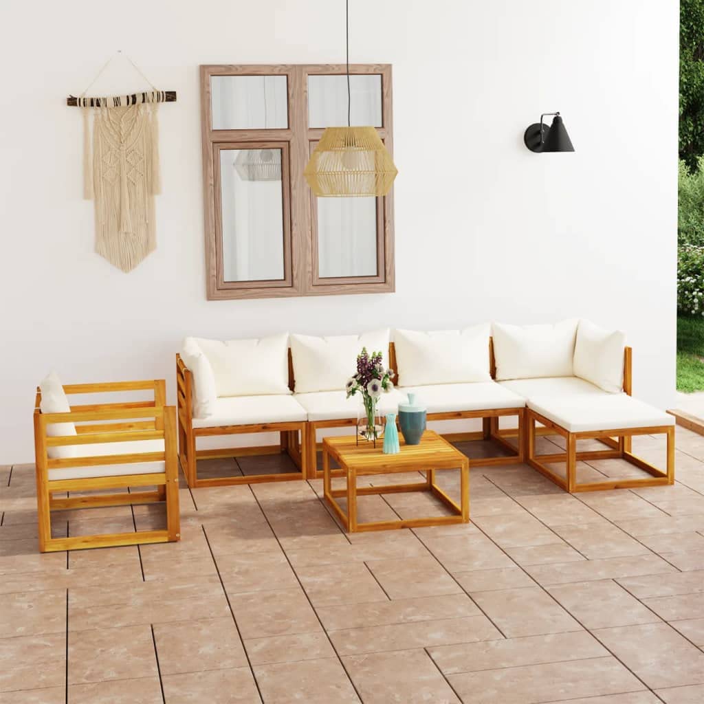 7-Piece VidaXL Patio Lounge Set with Cushions & Coffee Table - Modern Cream Acacia Wood Outdoor Sectional Sofa for Garden, Backyard, Poolside & Patio Relaxation
