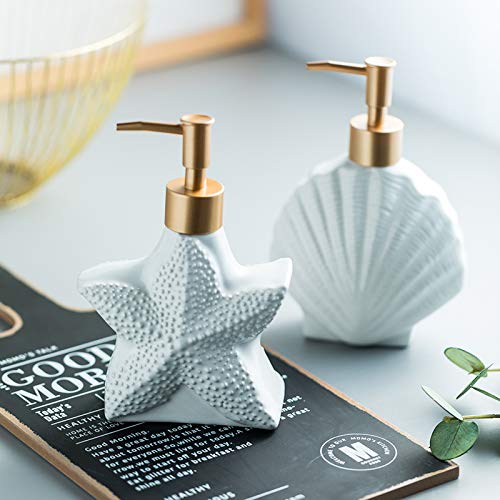 Ceramic Starfish Shell Soap Dispenser with Pump - Decorative Bathroom Soap Bottle & Lotion Dispenser for Coastal Beach Theme Home Decor