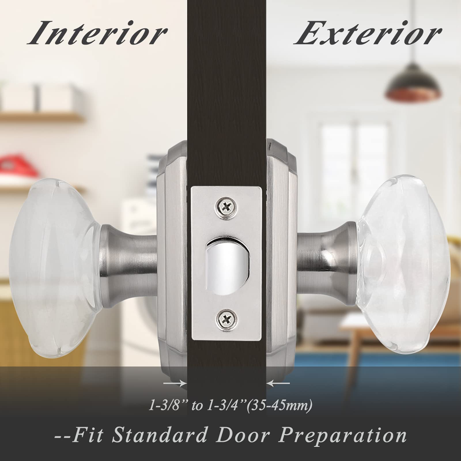 Probrico 2-Pack Oval Crystal Door Knobs - Brushed Nickel Keyless Non-Locking Glass Passage Knobs with Arched Rosette for Hall Closet & Interior Doors | Perfect for Bedrooms, Bathrooms, and Cabinets