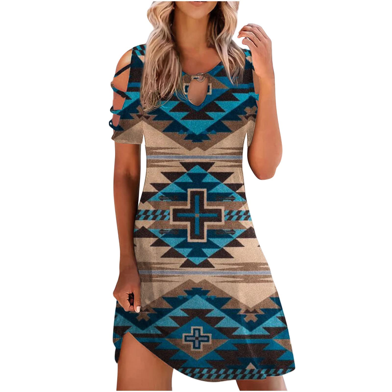 2023 Trendy Women's Summer Spring Dresses - Strappy Cold Shoulder Boho T-Shirt Dress with Hollow Loose Short Sleeves | Perfect for Beach Vacations, Music Festivals & Casual Outings