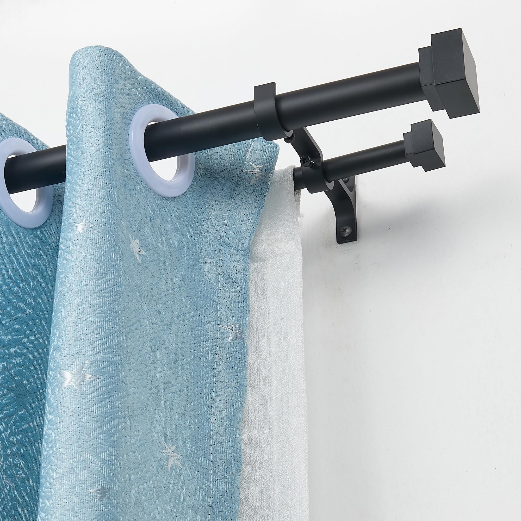 1 Inch Modern Double Window Curtain Rods 72-144 Inch Adjustable - Heavy Duty Telescoping Drapery Rod with Solid Square Allufer Finials - Matte Black for Dual Curtain Window Treatment - Perfect for Living Room, Bedroom & Home Decor