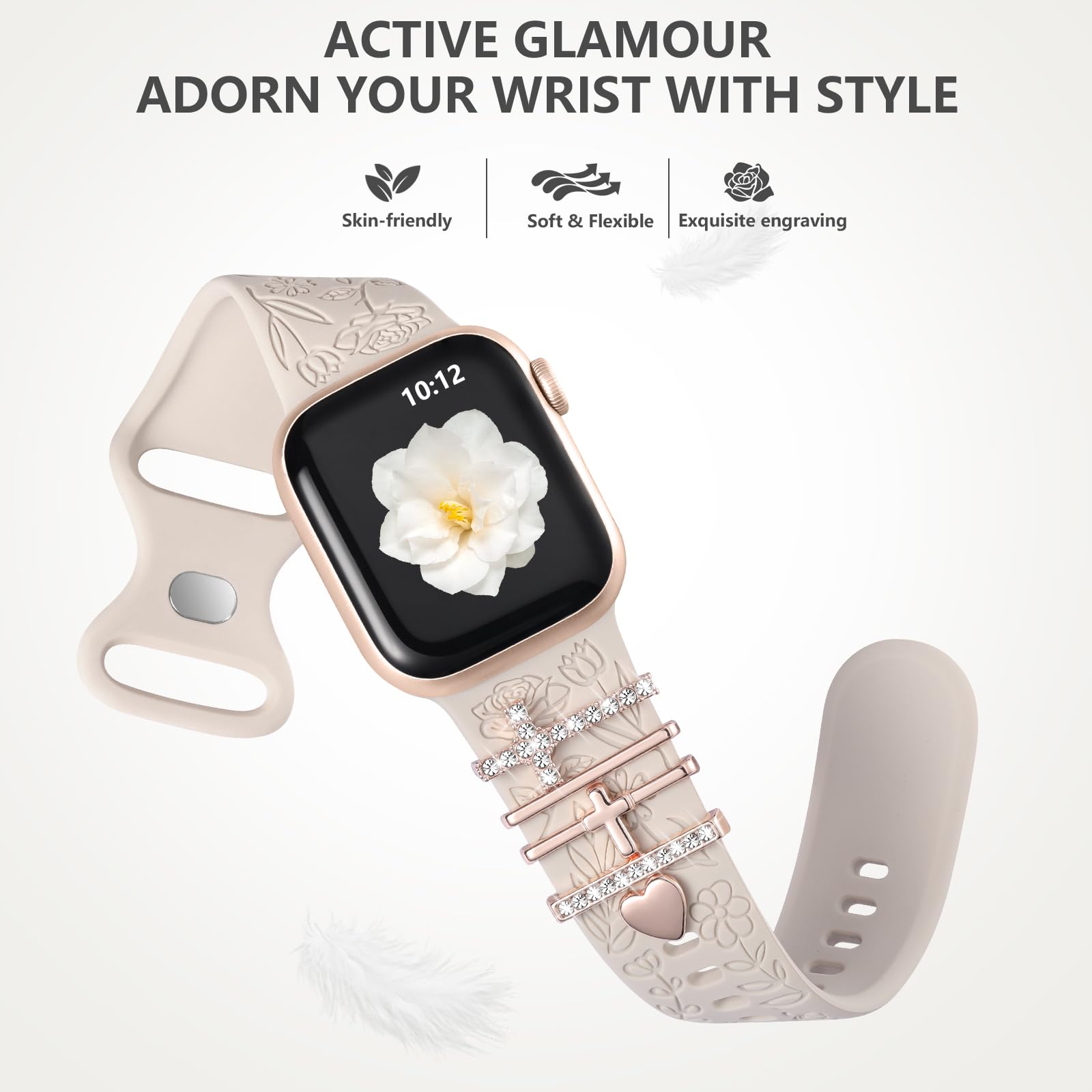DaQin Floral Engraved Silicone Band Compatible with Apple Watch 40mm 38mm 41mm 44mm 42mm 45mm - Women's Fashion Strap with Charms for iWatch Series 9/8/7/6/5/4/3/2/1/SE - Perfect for Workouts, Office & Everyday Wear