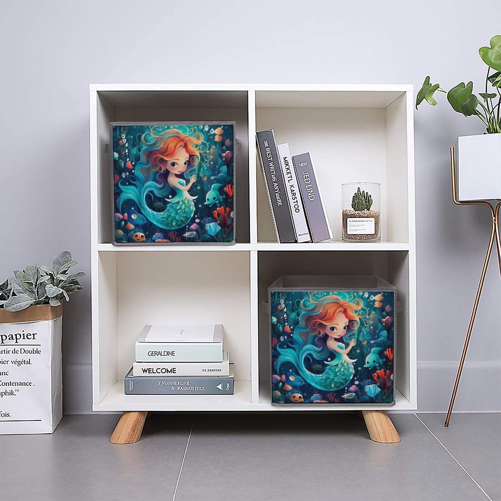 **Cute Mermaid Foldable Storage Bins & Organizers - 6-Pack Square Storage Baskets with Handles for Kids Room, Closet, or Playroom Organization**