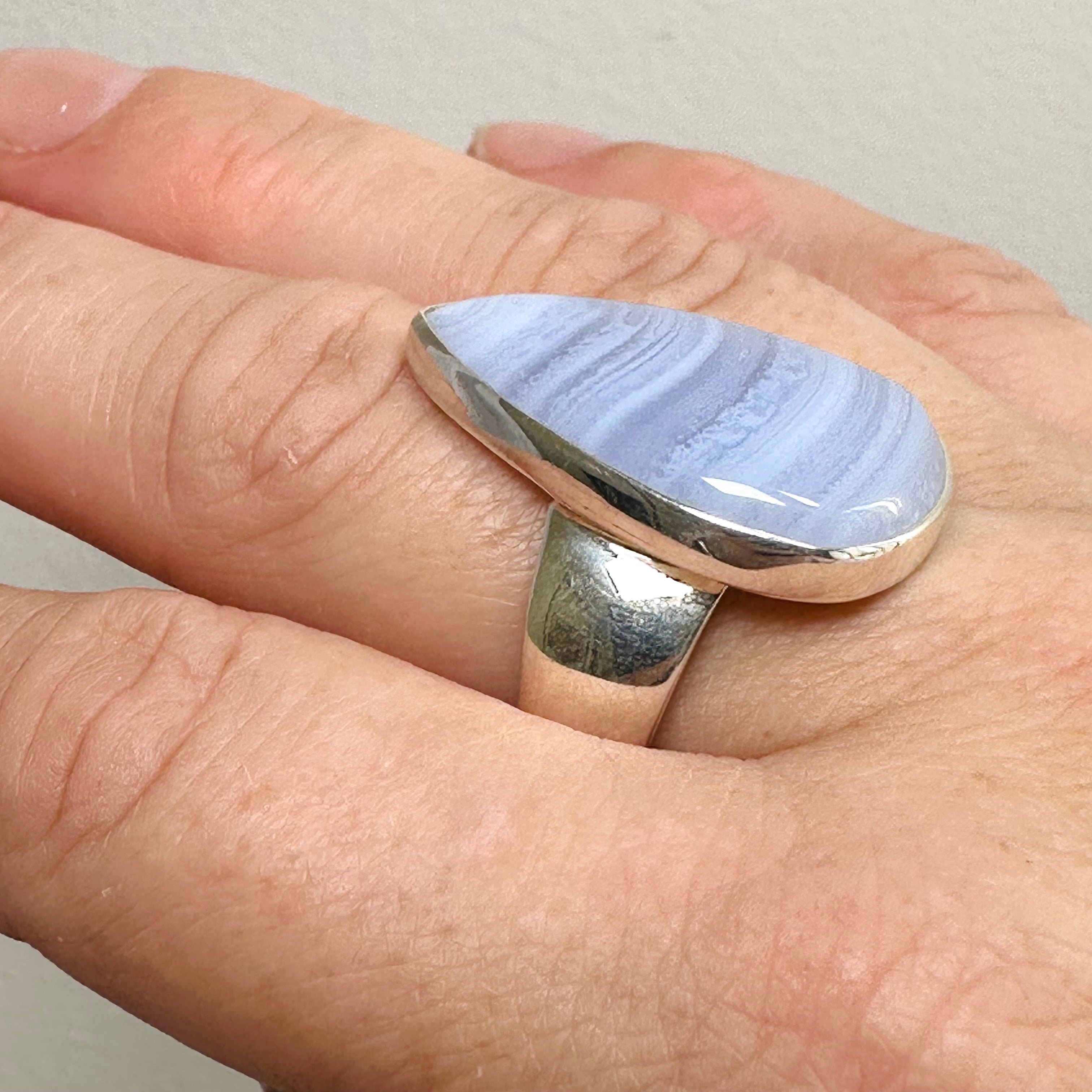 Blue Lace Agate Teardrop Cabochon Ring - Size 11 - KRGJ3380 - Elegant Handmade Jewelry for Women, Perfect for Weddings, Parties & Special Occasions