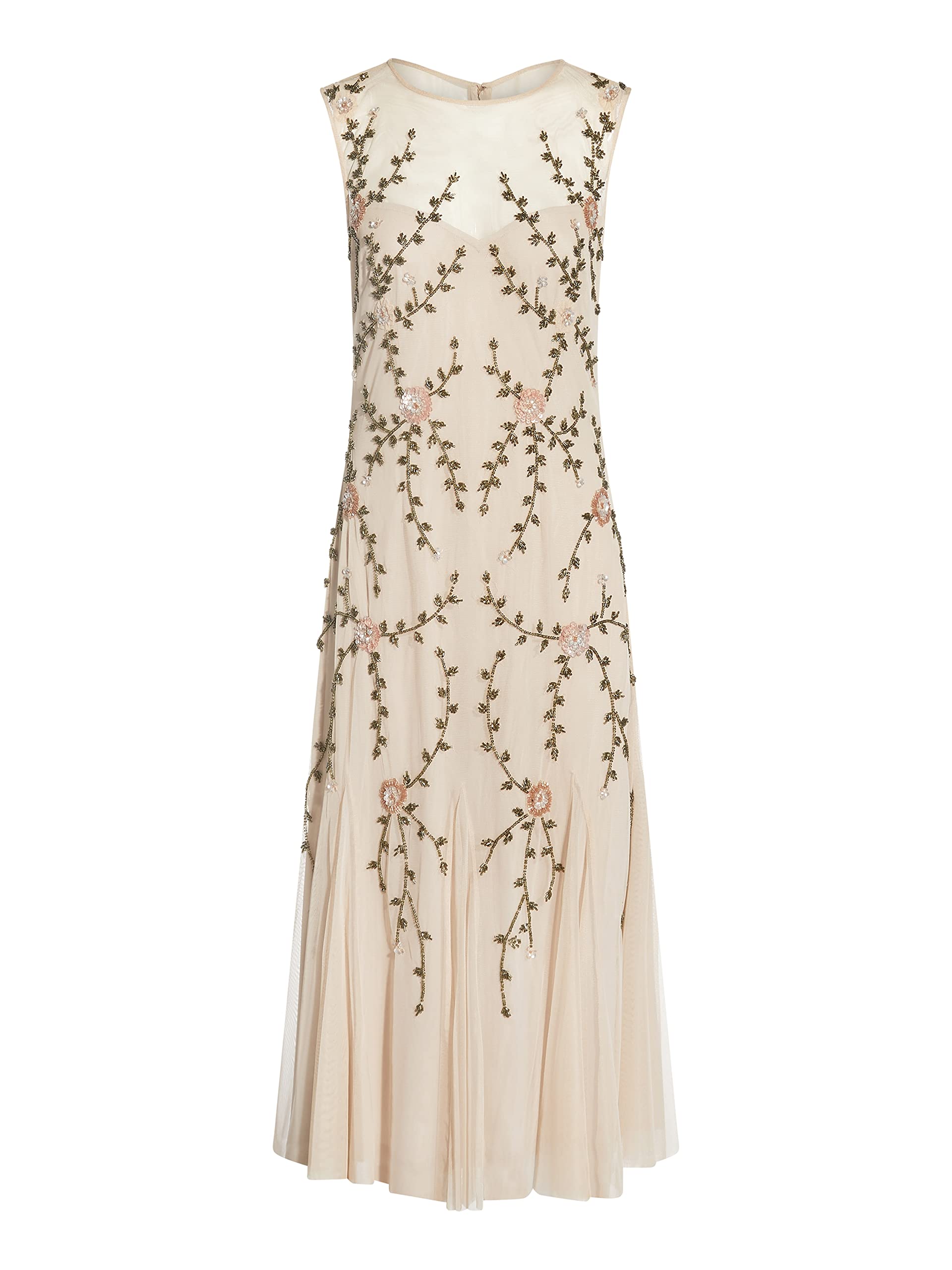Adrianna Papell Women's Beaded Tea Length Dress for Wedding Guest, Cocktail Party & Special Occasions - Elegant Floral Embroidery A-Line Gown