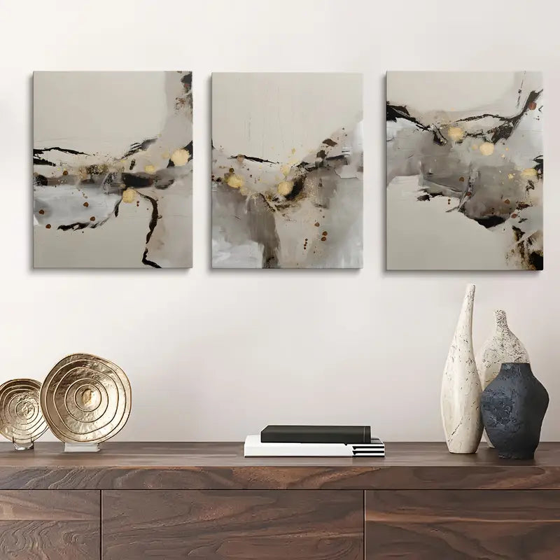 3-Piece Abstract Black Grey Gold Metal Wall Art Prints - Classic Modern Design, Ready to Hang - Perfect for Living Room, Bedroom & Office Decor