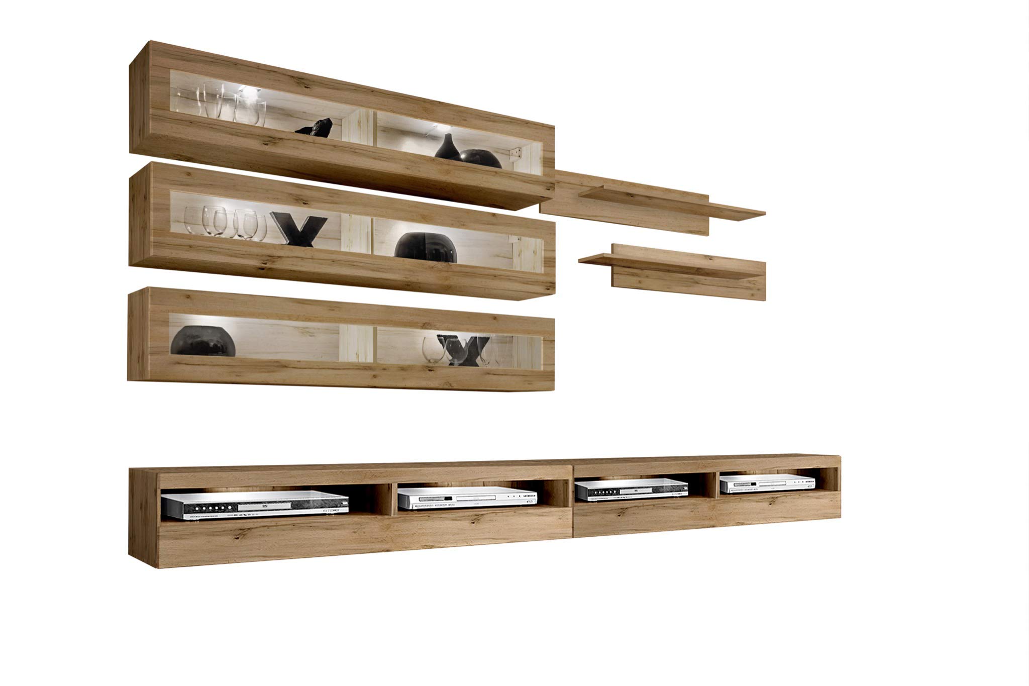 Modern Oak Floating TV Stand with Storage & LED Lights - Wall-Mounted Entertainment Center for Living Room & Bedroom - Space-Saving Media Console with Adjustable Shelves - Perfect for Small Apartments & Home Theater Setup