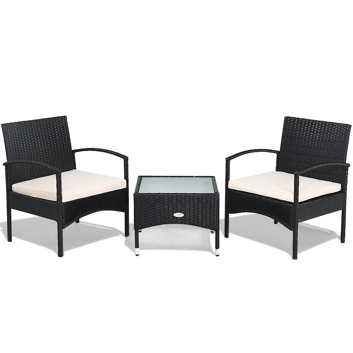 3-Piece Patio Wicker Rattan Furniture Set with Thick White Cushions - Outdoor Lounge Chairs for Poolside, Garden, Backyard & Patio - Weather-Resistant Rattan Sofa Set for Relaxing in Sun or Shade