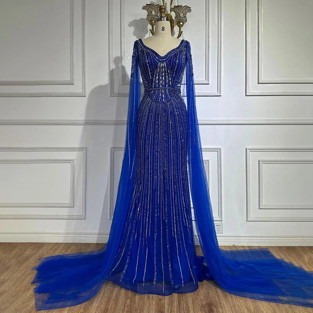 Elegant Dubai Royal Blue Beaded Arabic Evening Gown with Cape Sleeves - Luxury Women's Party Dress for Special Occasions | Perfect for Weddings, Galas & Formal Events 2025 LA72502