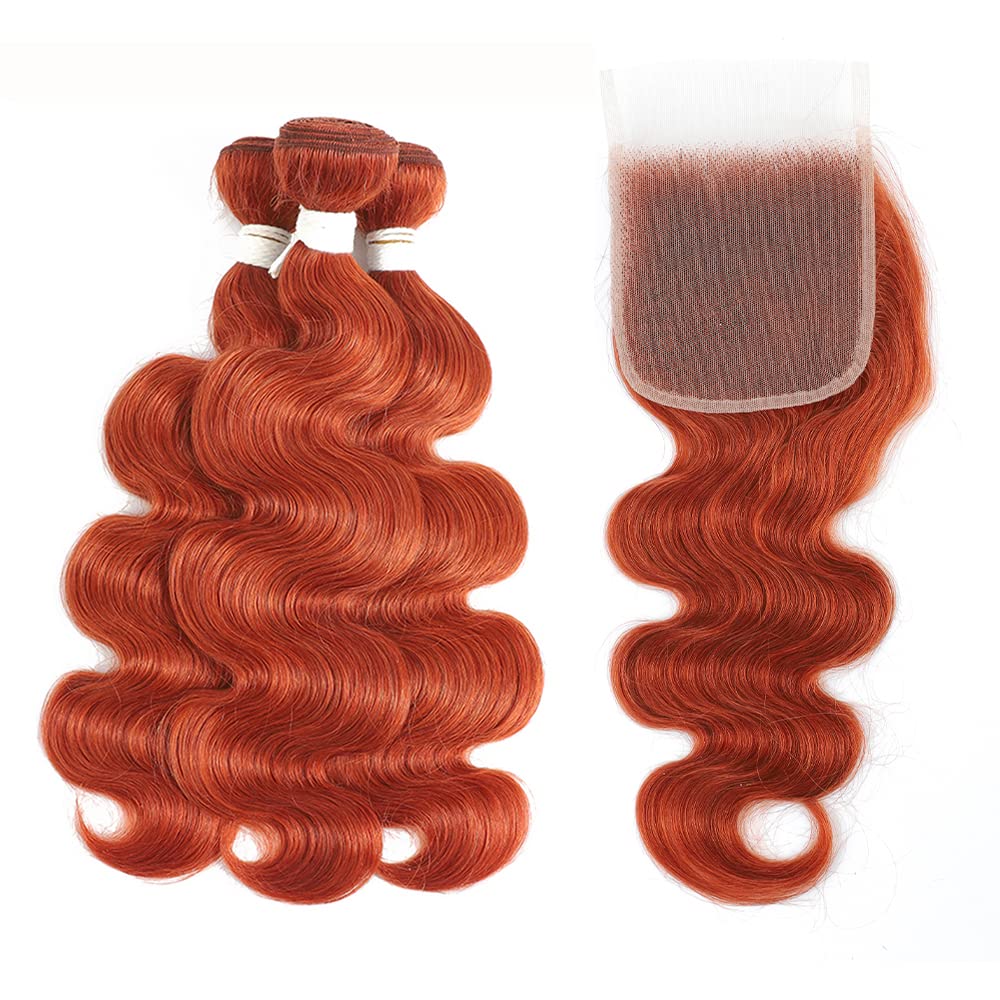 Brazilian Virgin Human Hair Extensions - 3 Bundles #350 Color 12/14/16 Inch with Closure | REMY HAIR Body Wave Pre-Plucked Ginger Orange | Perfect for Salon Styling, Daily Wear & Special Occasions