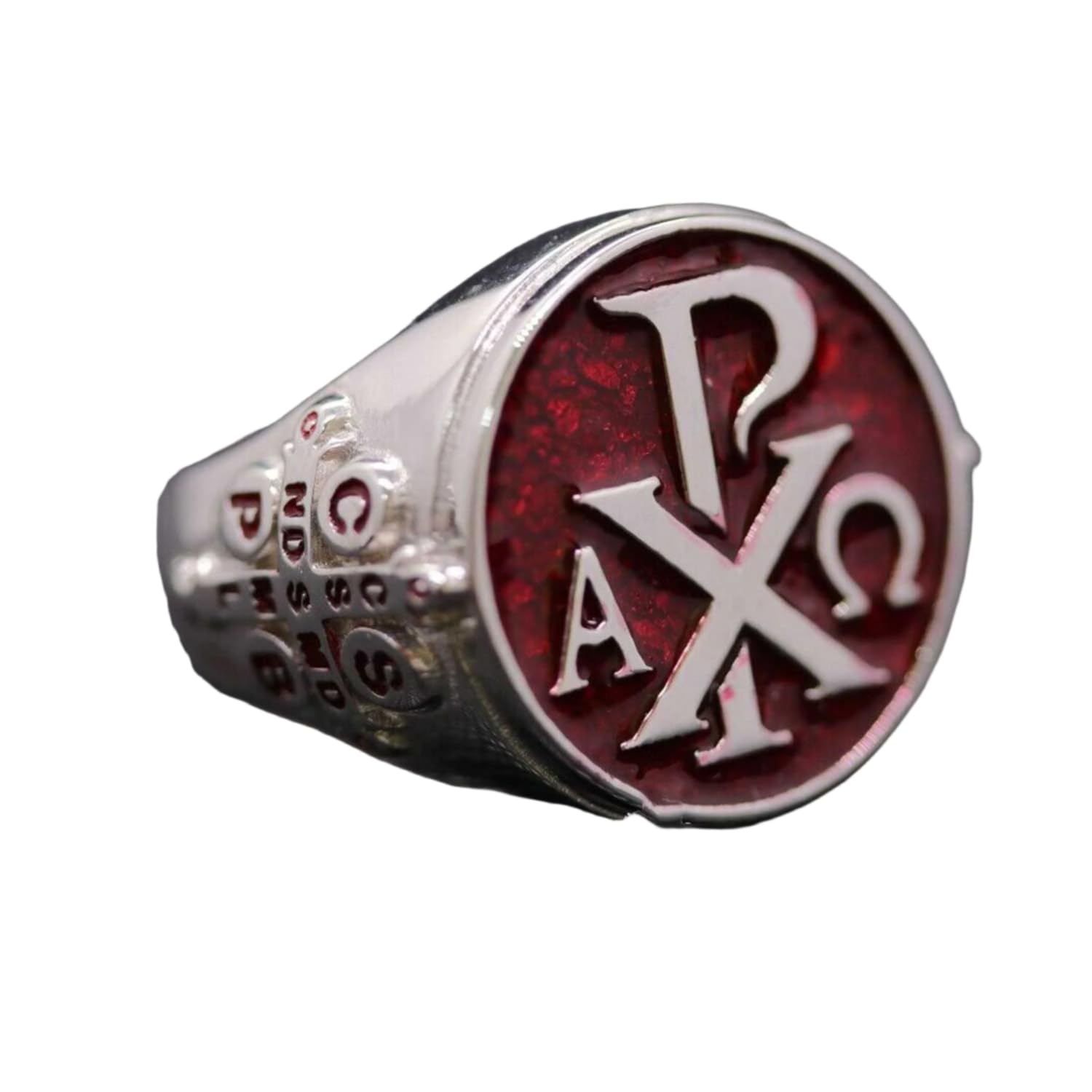 Alpha Omega Chi Rho 925 Sterling Silver Signet Ring for Men - Red Enamel Heavy Silver Ring, Religious Jewelry Gift for Boys, Christmas Present - Perfect for Weddings, Baptisms & Everyday Wear
