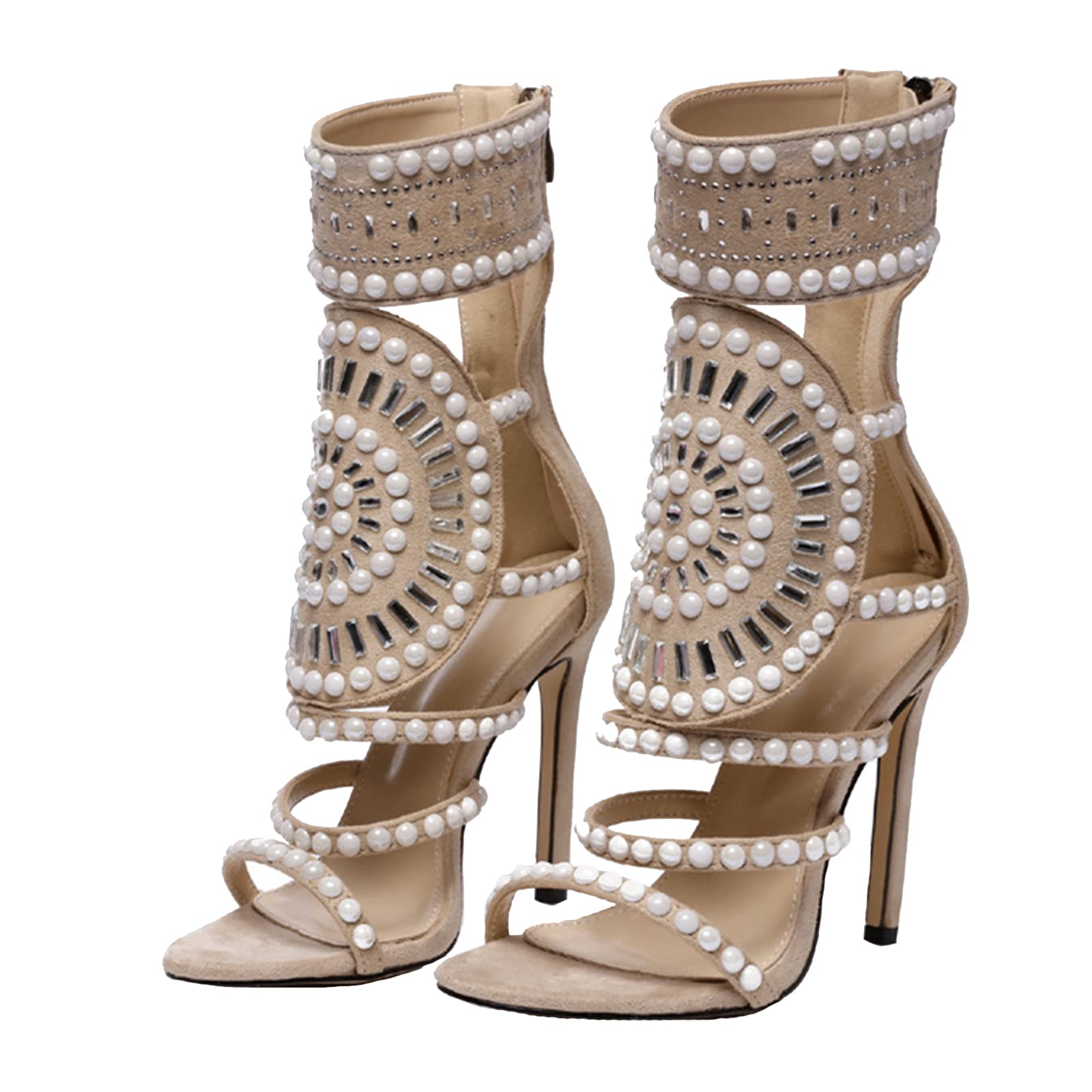 4.33 Inch Hollow Out Pearl Rhinestone Ankle Strap High Heel Sandals - Women's Fashion Peep Toe Party Shoes for Evening Wear, Pole Dancing & Dressy Occasions