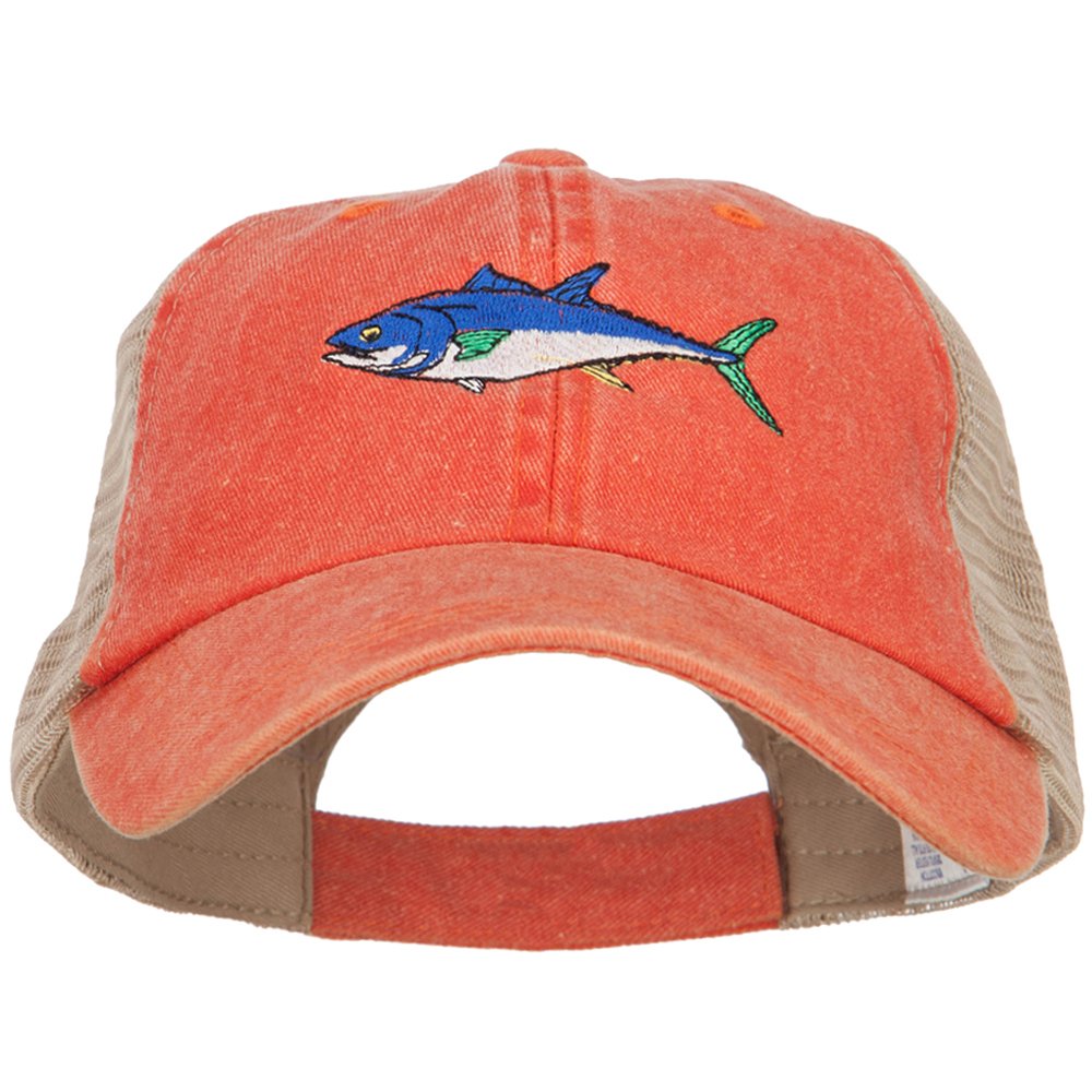 Bluefin Tuna Embroidered Washed Trucker Hat - Vintage Distressed Baseball Cap for Fishing, Outdoor & Casual Wear | e4Hats.com