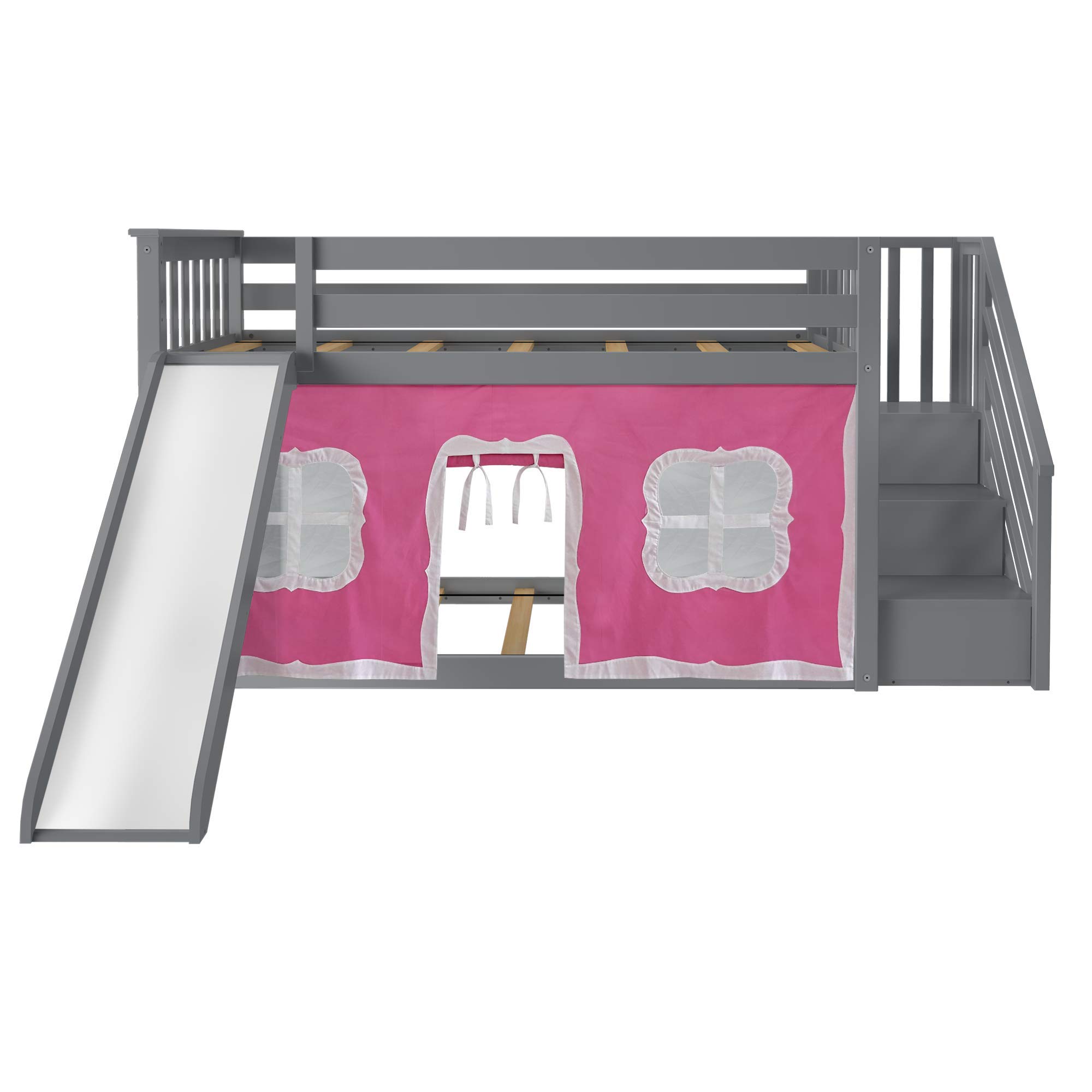 Max & Lily Low Bunk Bed with Stairs & Slide - Twin Over Twin Kids Bed Frame with Bottom Curtains in Grey/Pink - Perfect for Small Bedrooms, Playrooms & Sleepovers