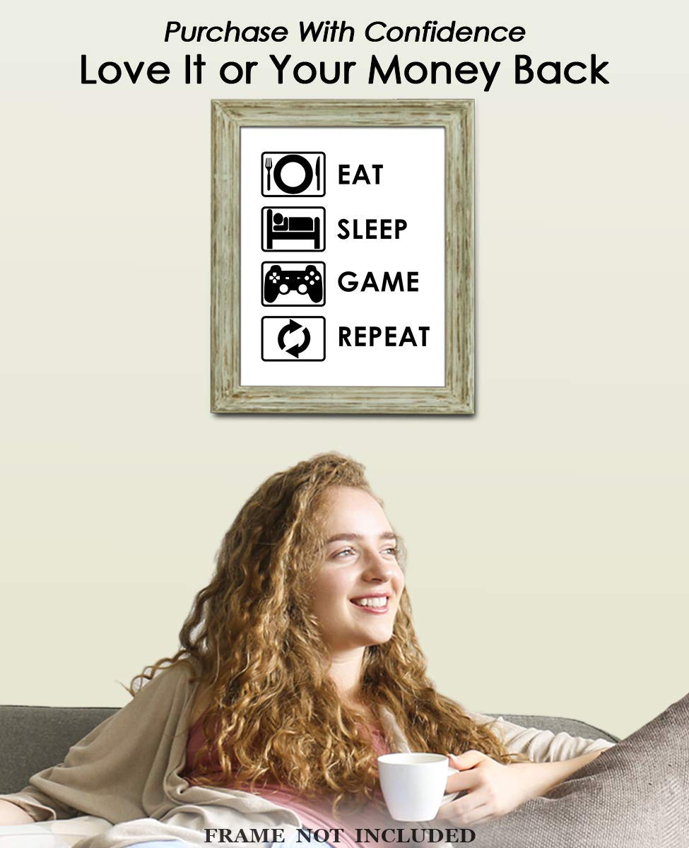 Eat Sleep Game Repeat Typography Wall Art Print - Funny Bathroom Decor & Gamer Gift - 8x10 Unframed Poster - Perfect for Gaming Room, Man Cave or Teen Bedroom Decor