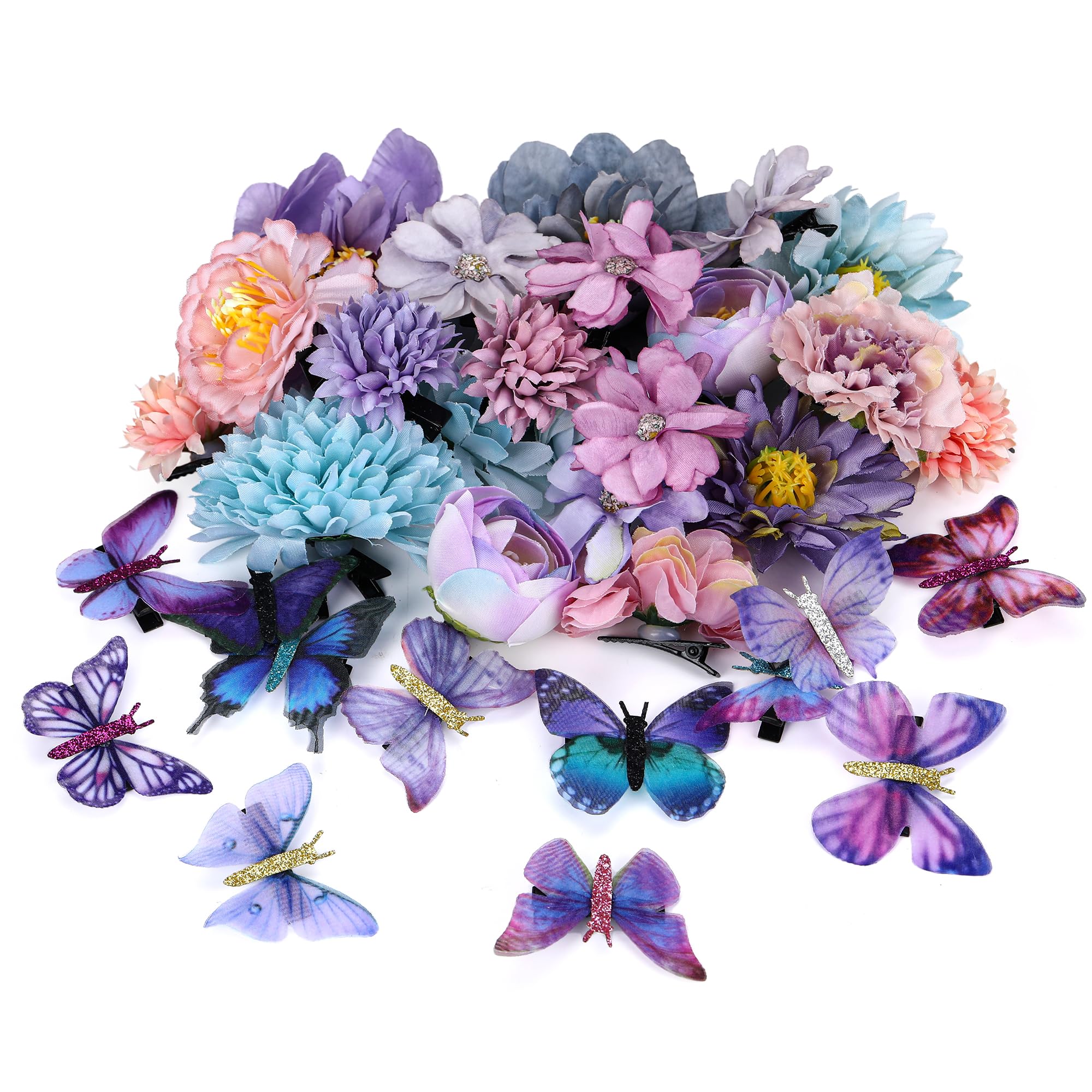 33Pcs Handmade Rose Flower Hair Clips with Butterfly Barrettes - Blue & Purple Wedding Bridal Hair Accessories for Women & Girls | Perfect for Weddings, Parties & Everyday Styling