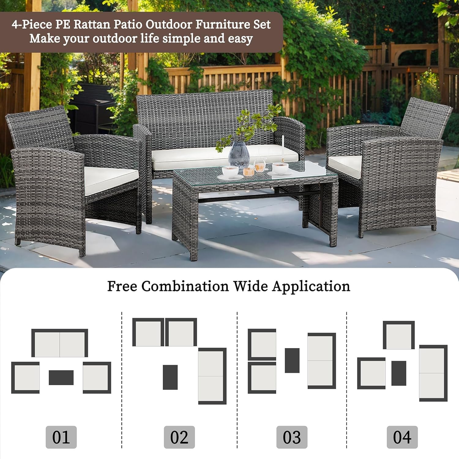 Shintenchi 4-Piece Gray Wicker Outdoor Patio Furniture Set with Weather-Resistant Cushions & Tempered Glass Tabletop - Rattan Conversation Set for Garden, Poolside or Backyard Relaxation