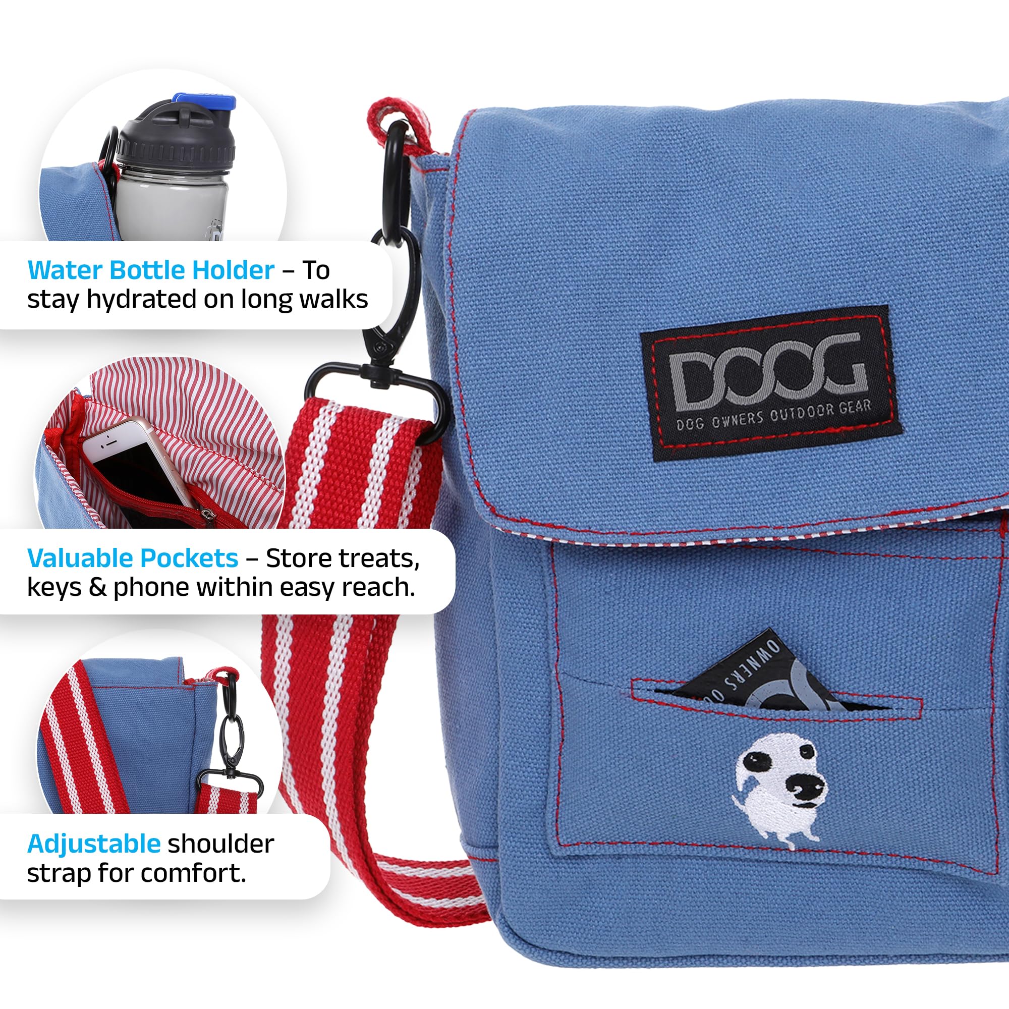 DOOG Adjustable Shoulder Walkie Bag with Poo Bag & Water Bottle Pockets - Light Blue Dog Walking Accessory for Outdoor Adventures, Hiking & Daily Walks