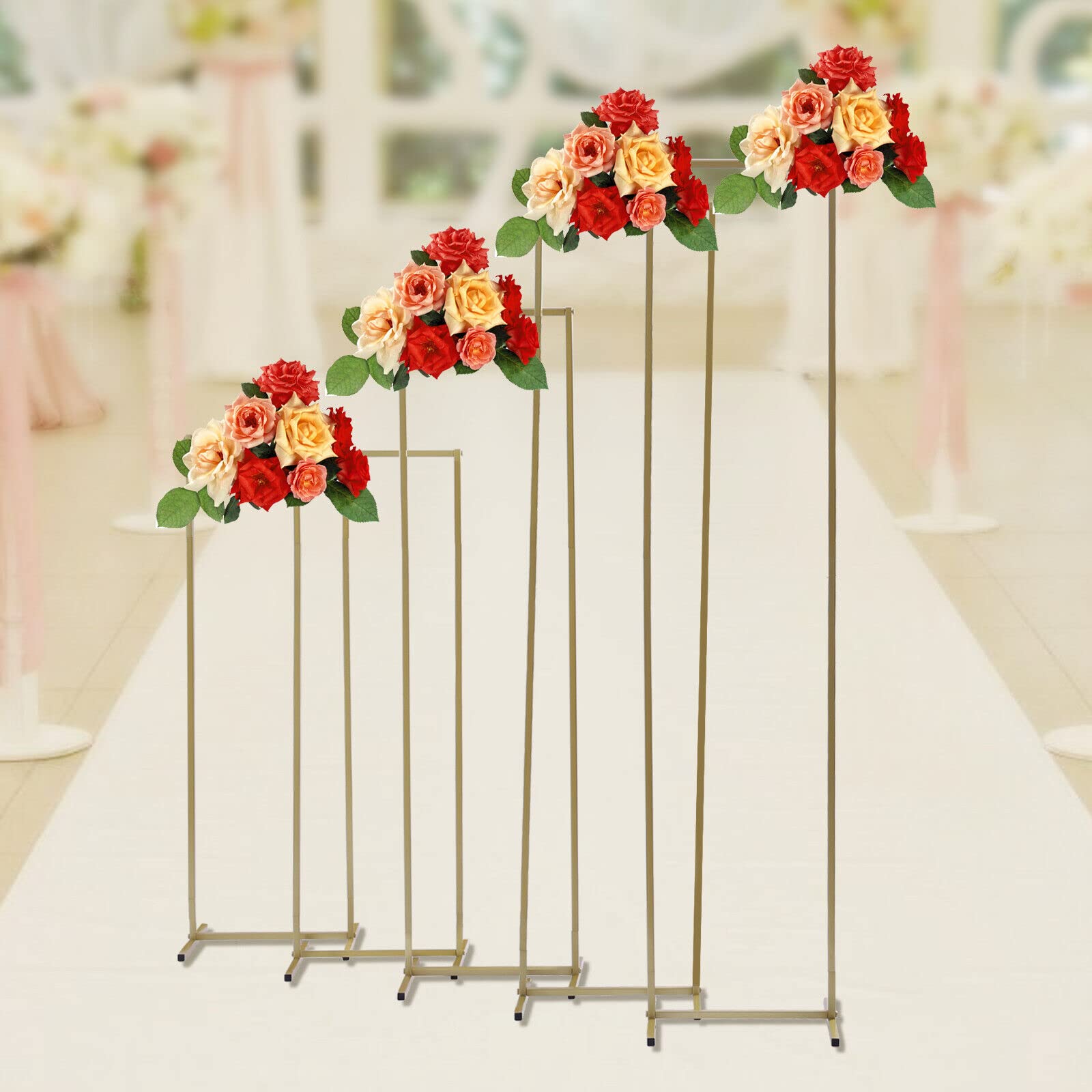 5Pcs Gold Metal Vase Stands for Flower Arrangement - Square Column Display Stand with Stable Base for Outdoor Garden Party, Wedding Centerpieces, Celemony Decorations - Multi-Height Design for Balloon Backdrops & Home Decor