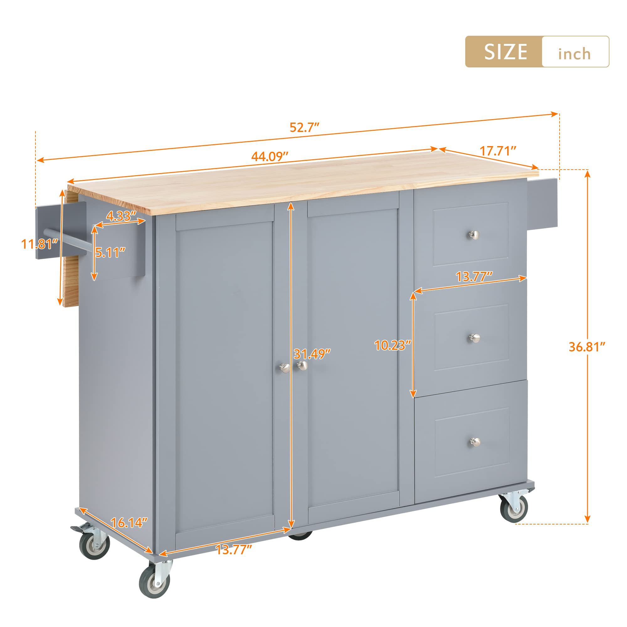 HABITRIO Multi-Functional Kitchen Island Cart with Cabinet, Storage Drawers & Spice Rack - Extendable Solid Wood Table Top, Wheels, Dusty Blue - Perfect for Small Kitchens, Dining Areas & Home Organization