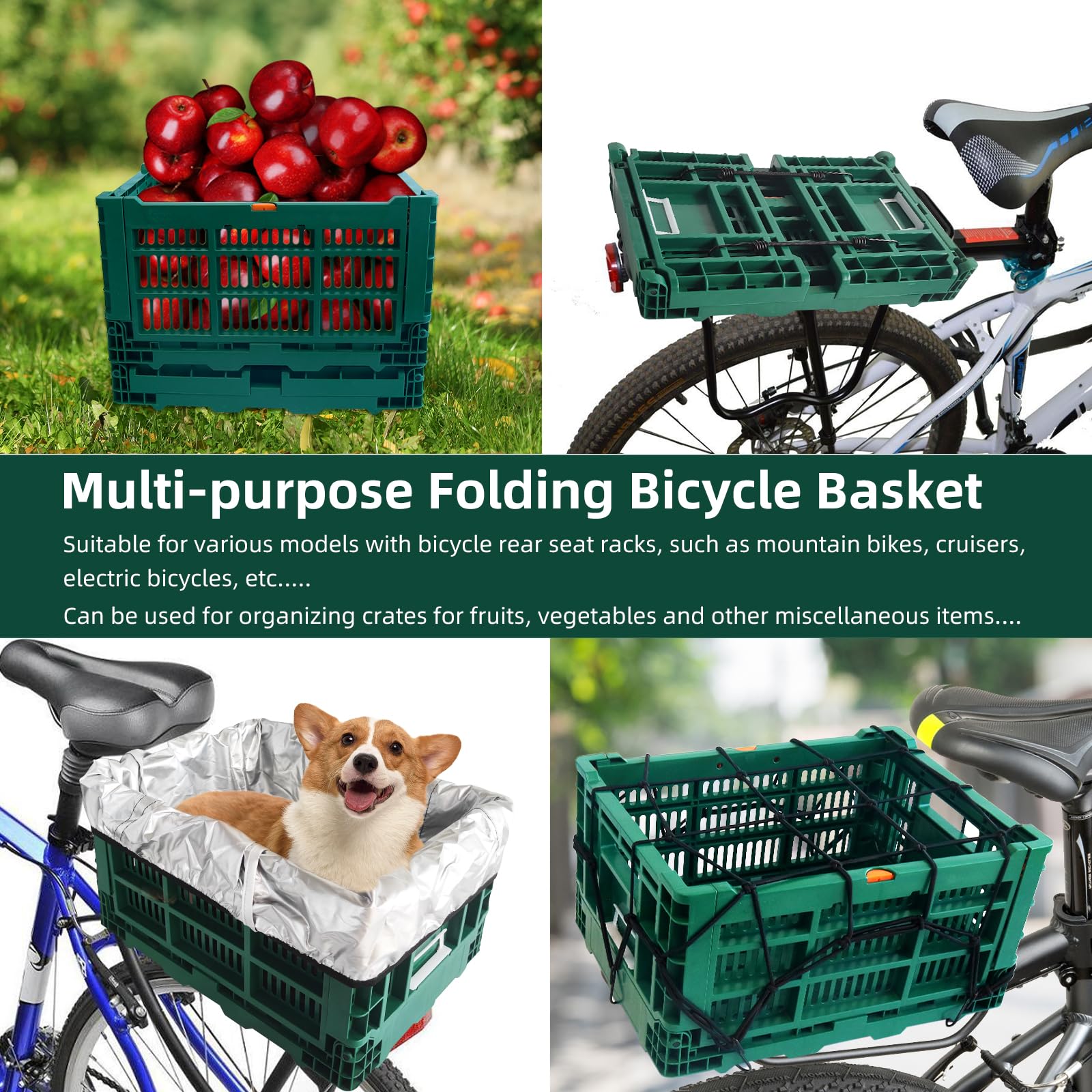 Foldable 35L Large Capacity Rear Bike Basket with Waterproof Cover - Durable Bicycle Cargo Carrier with Fixed Mesh & Reflective Stickers - Perfect for Commuting, Grocery Shopping & Outdoor Adventures