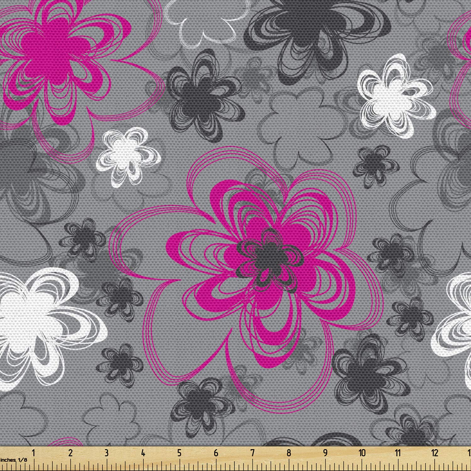 Ambesonne Vintage Floral Fabric by The Yard - Vibrant Freehand Drawn Blossoms in Hot Pink, Black & Grey - 10 Yards Upholstery Fabric for Sofa, Curtains & Home Decor | Antique Retro Decorative Cotton Material for DIY Crafts & Sewing Projects