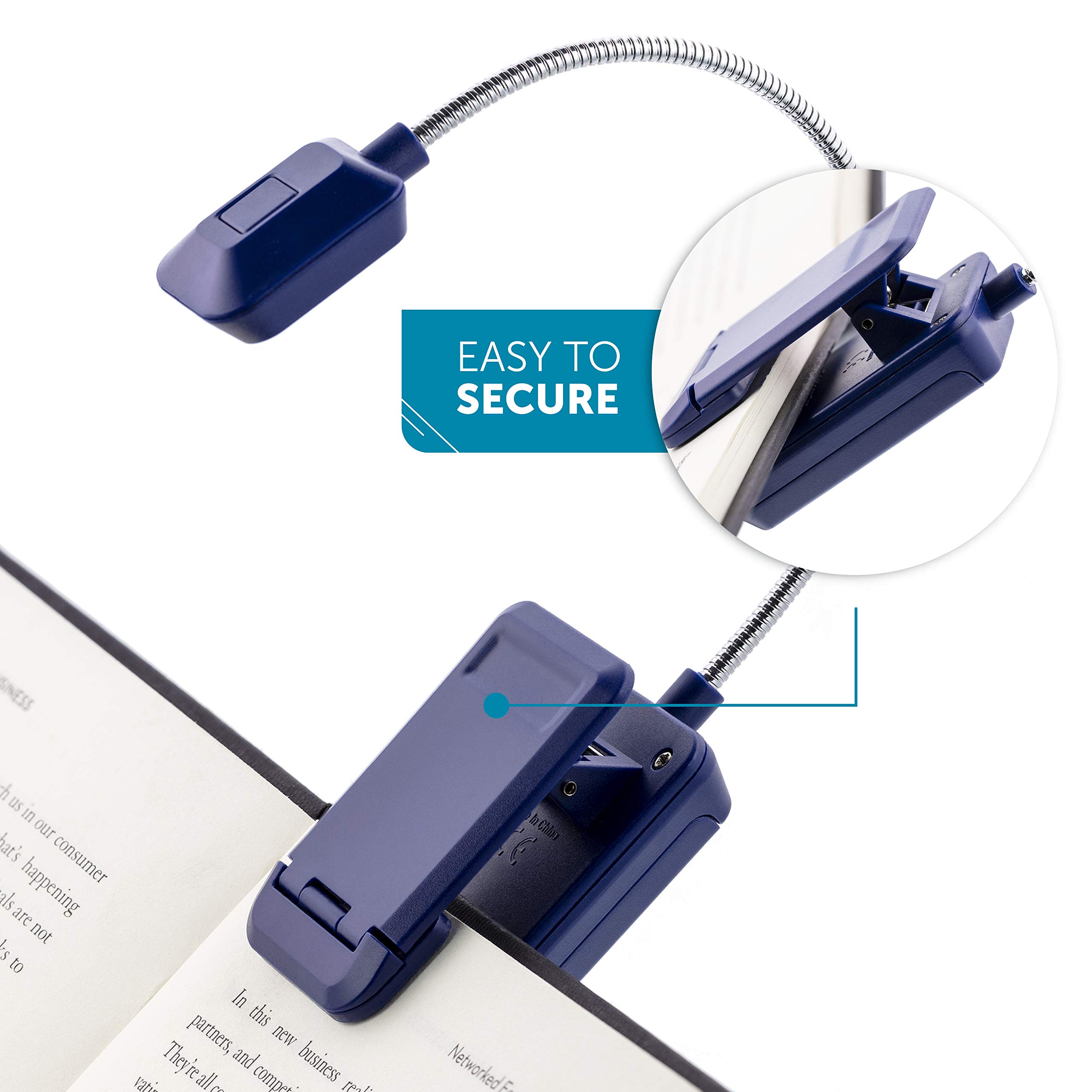 WITHit Quad Clip On Book Light - Navy Blue LED Reading Light with Adjustable Brightness, Portable & Lightweight Bookmark Light for Books, eBooks, Kindle - Perfect for Bedtime Reading, Travel, and Study (Batteries Included)