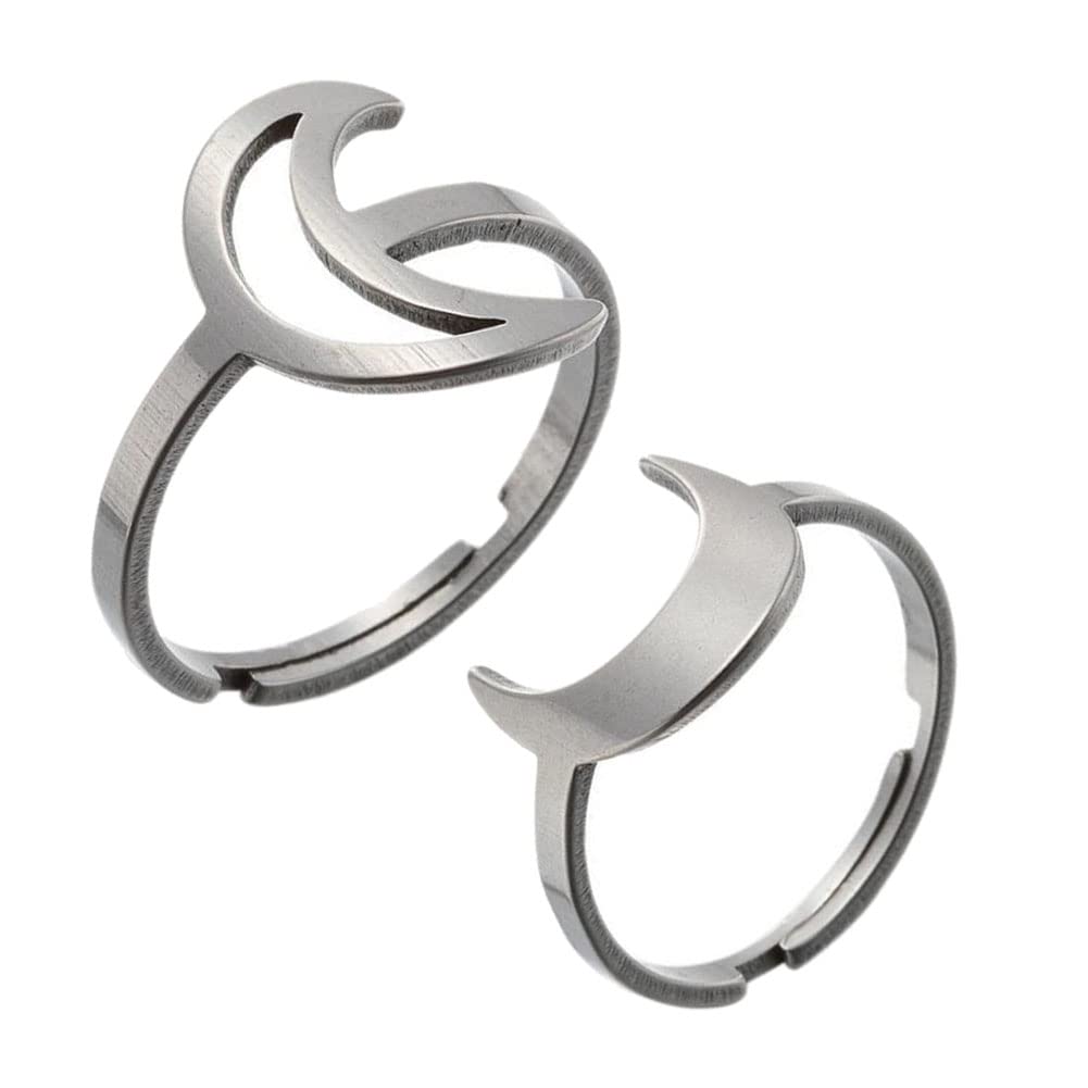 Stainless Steel Moon Crescent Rings for Women & Men - Open Geometric Hollow Half Moon Horn Couple Friendship Jewelry Set (2Pcs) - Perfect for Anniversary Gifts, Valentine's Day, and Matching Couple Accessories