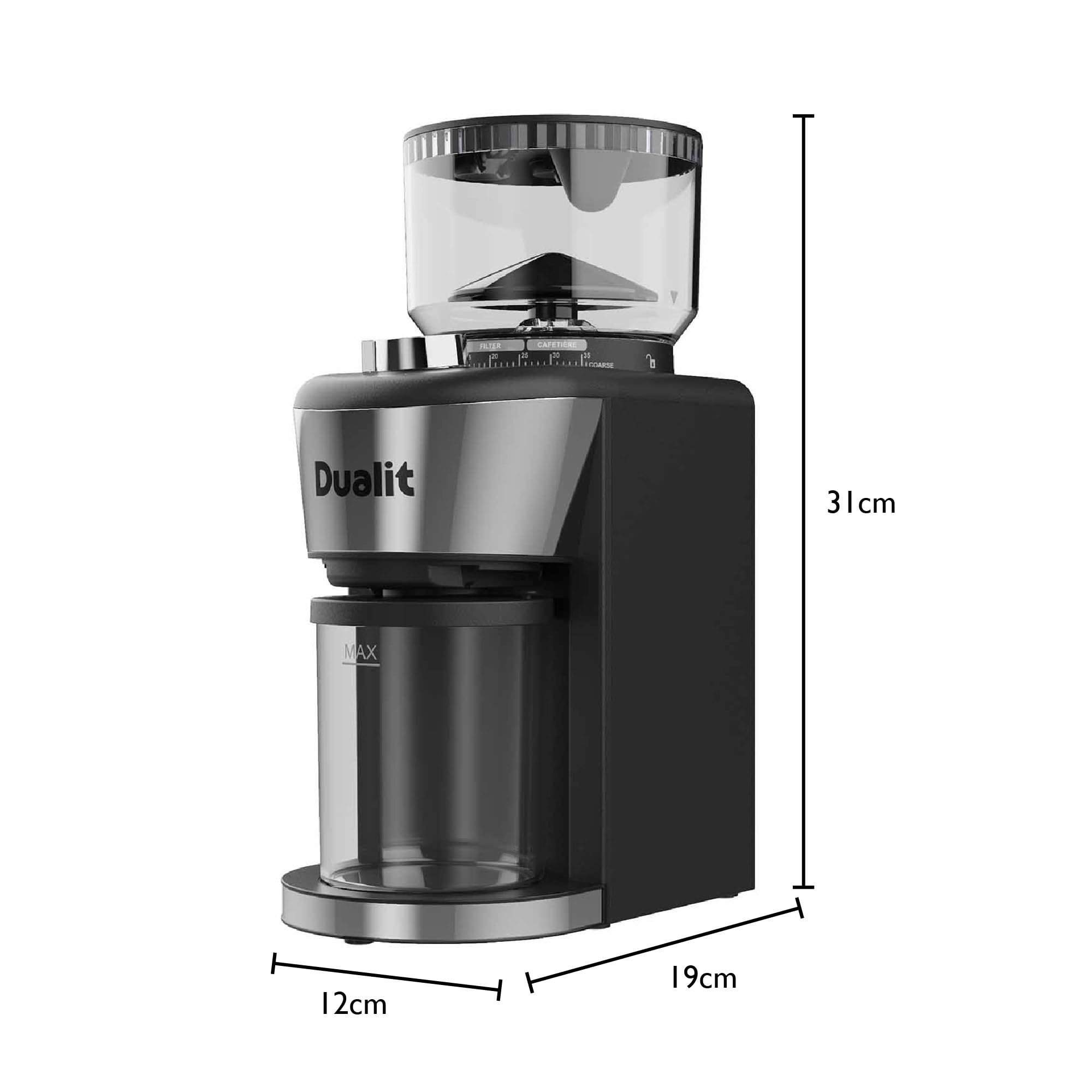 Dualit Professional Burr Coffee Grinder - 35 Precise Grind Settings for Espresso to French Press - Adjustable Portion Control & Removable Stainless Steel Conical Burrs - Easy Clean Design with Safety Lock - Perfect for Home Baristas & Coffee Shops