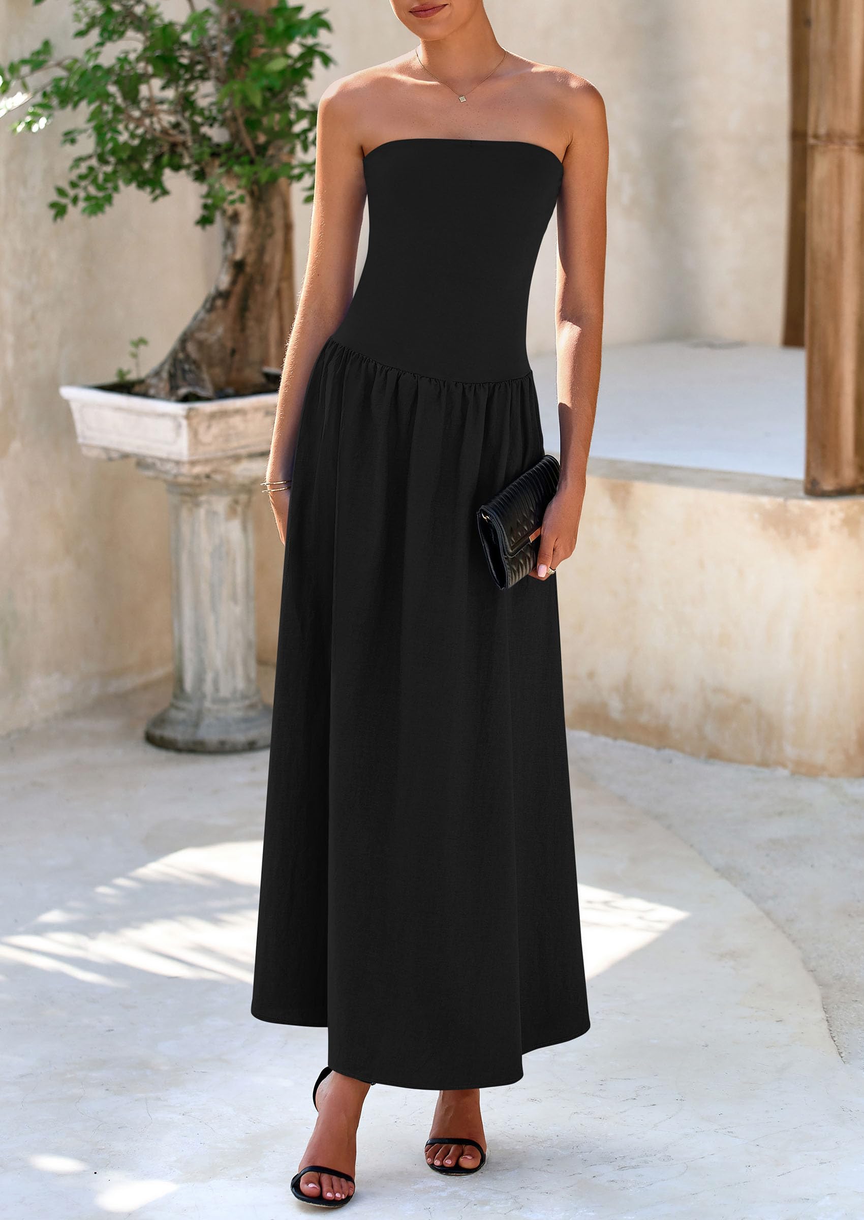 PRETTYGARDEN Women's Strapless Maxi Dress 2025 - Patchwork Long Flowy Summer Dress with Pockets | Elegant Tube Top Dress for Beach, Wedding & Party Wear