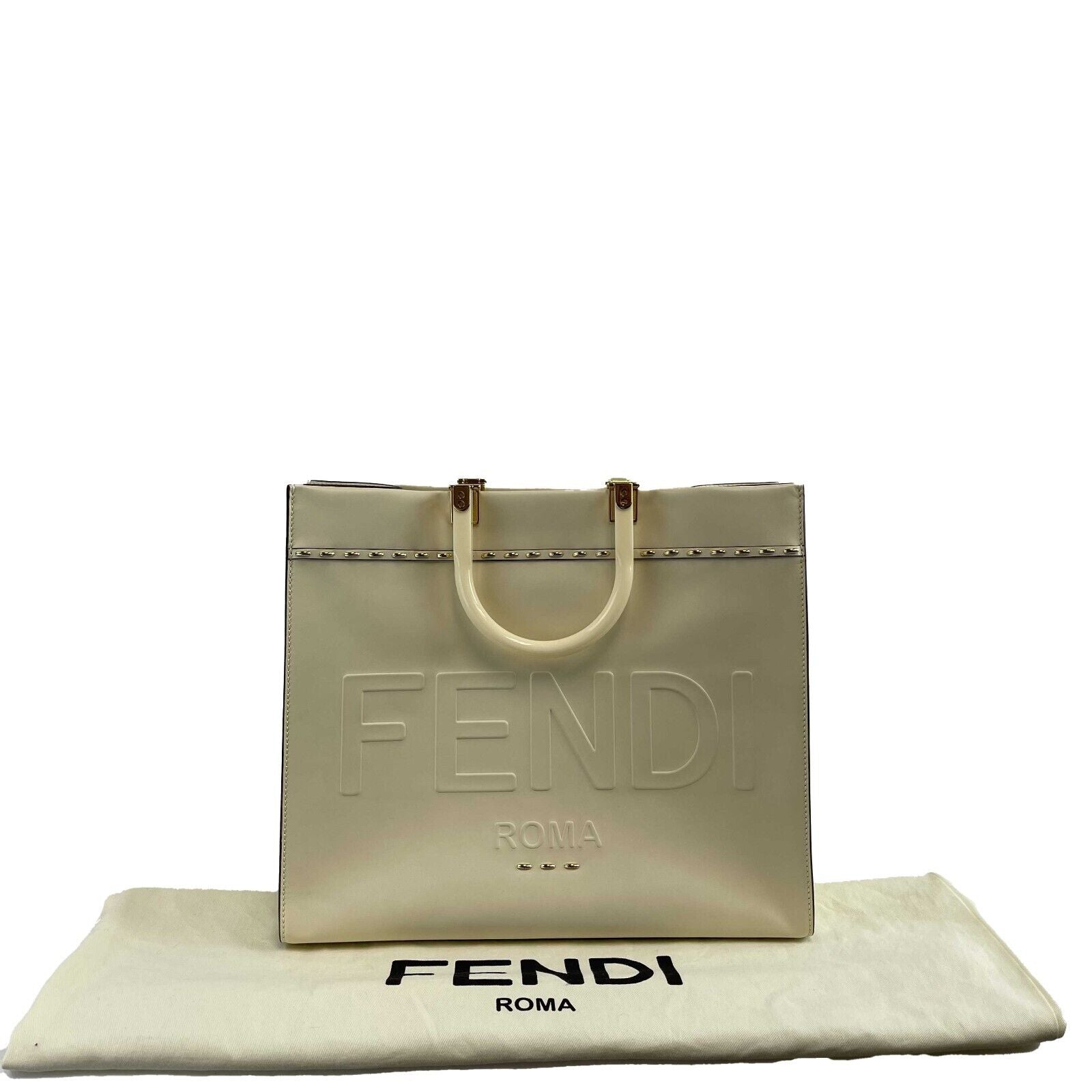 FENDI Plexiglass Handle Sunshine Medium Cream Shopper Tote Bag with Adjustable Shoulder Strap | Luxury Designer Handbag for Women | Perfect for Work, Travel & Everyday Use