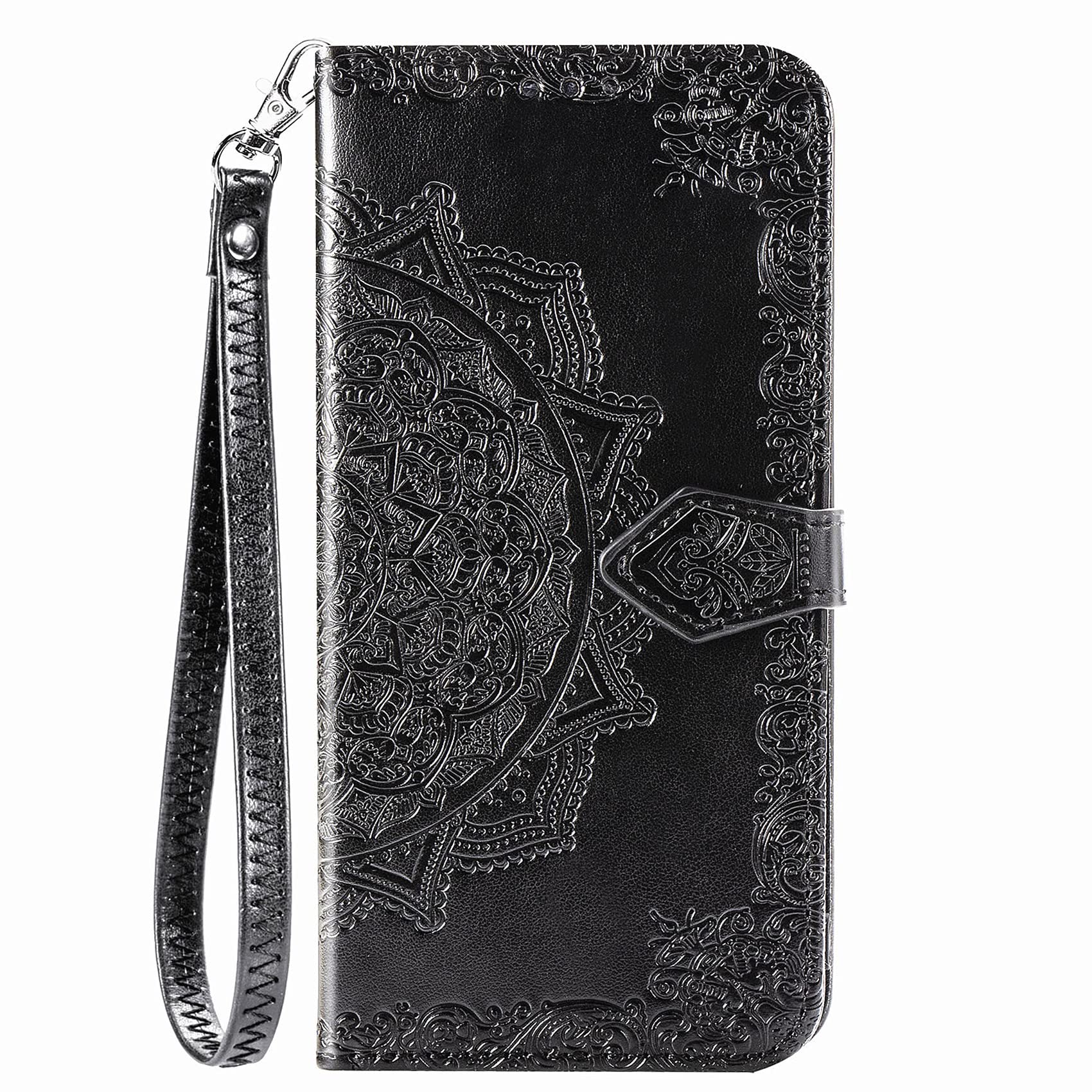 Premium PU Leather Magnetic Flip Wallet Case for OnePlus 9 - Flower Embossed Design with Card Slots & Stand | Protective Phone Cover for Daily Use, Travel & Business (Black)