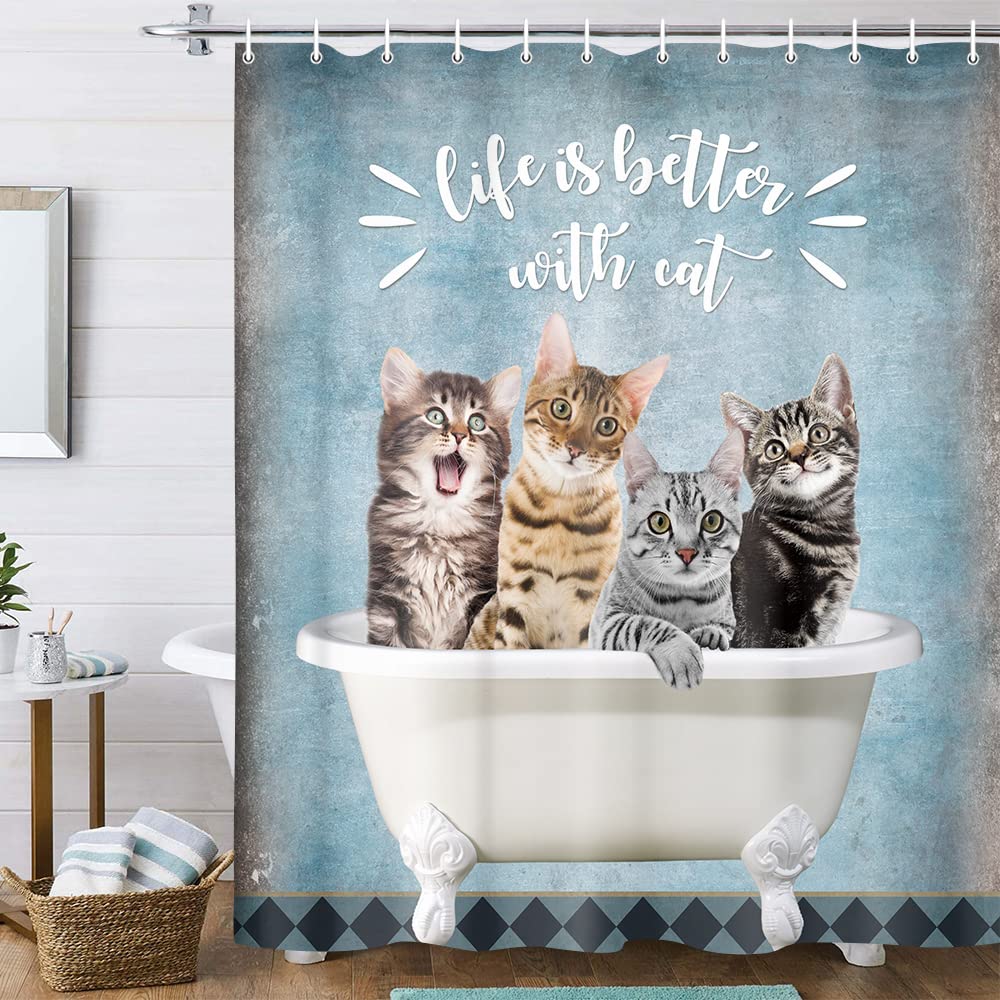 Funny Cat Shower Curtain - Cute Bathing Cat Design for Bathroom Decor, 47x64 Inch Waterproof Fabric - Perfect for Kids' Bathrooms, Pet Lovers & Unique Home Accessories