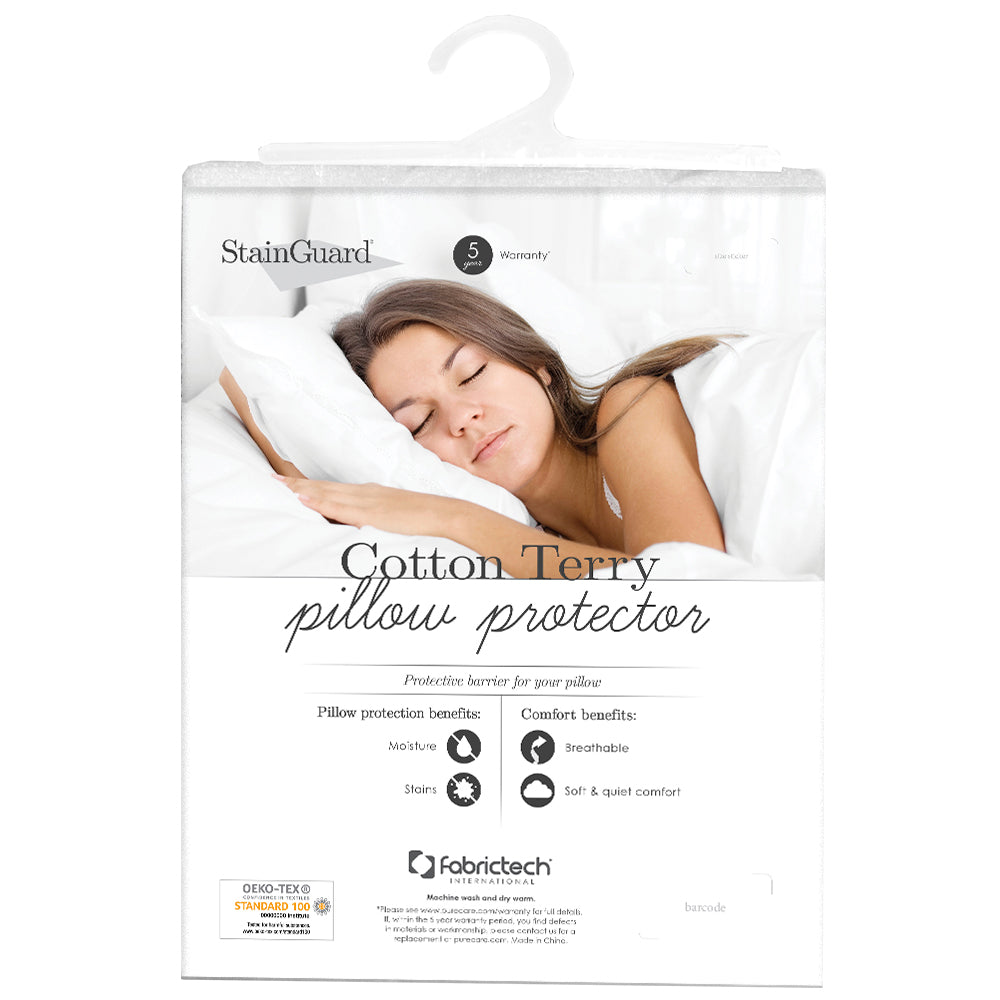 PureCare StainGuard® Cotton Terry Pillow Protector - Waterproof & Hypoallergenic Pillow Cover for Bedding Protection - Perfect for Allergies, Asthma & Dust Mite Prevention