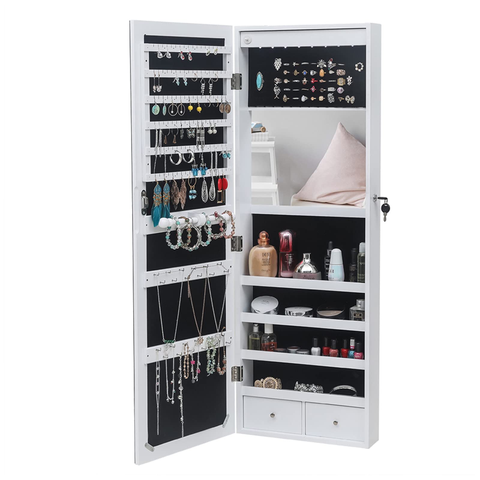 WiCCI Full Mirror Wooden Wall Mounted 4-Layer Shelf with 2 Drawers & Inner Mirror - 8 Blue LED Lights Jewelry Storage Cabinet (White) - Perfect for Bedroom, Bathroom & Dressing Room Organization