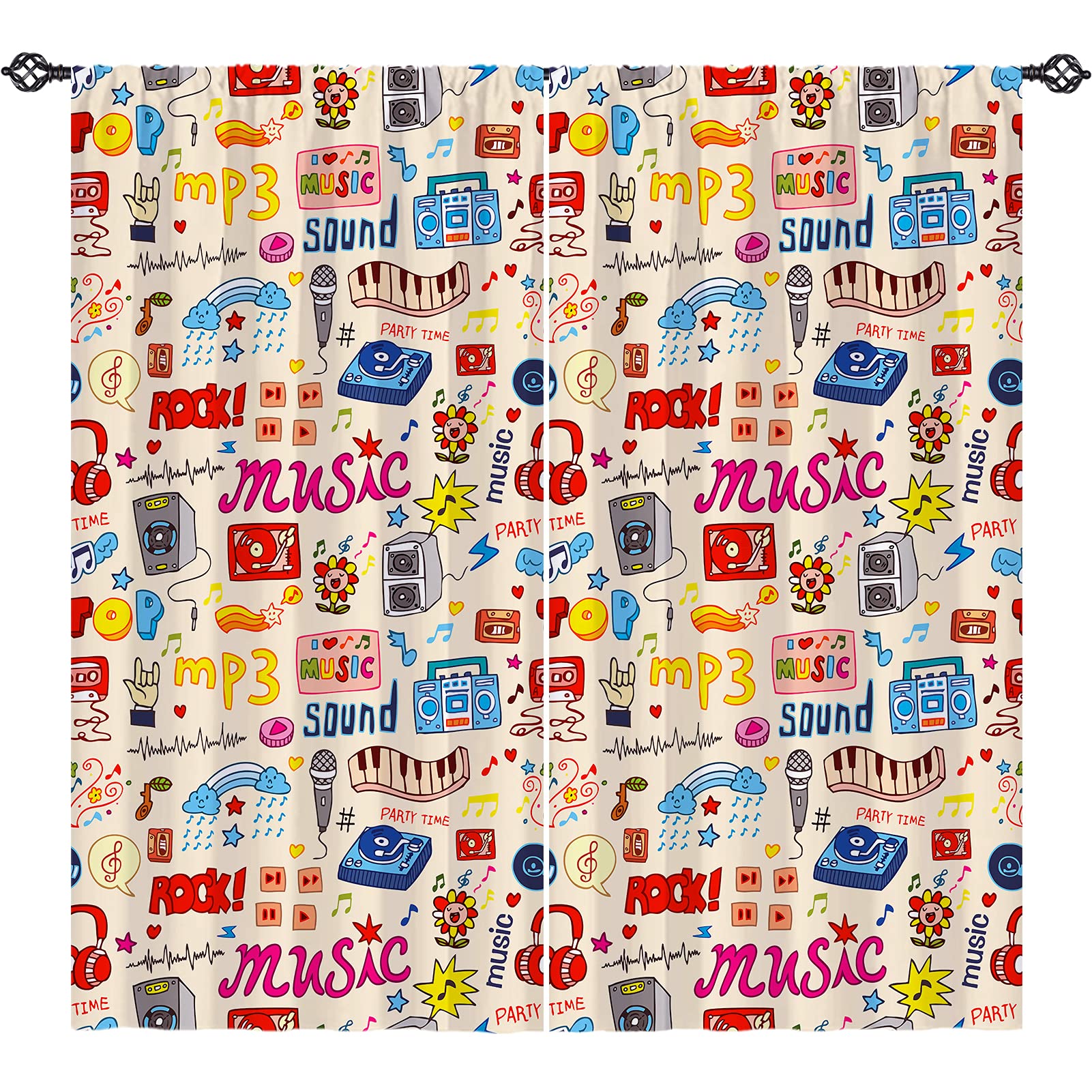 ANHOPE Musical Note Sound Art Curtains - Hand Drawn Doodle Style Headphone & Music Print Window Drapes for Bedroom, Living Room & Office (2 Panels, 42x63 Inch, Rod Pocket) - Perfect for Music Lovers, Home Decor & Soundproofing Rooms