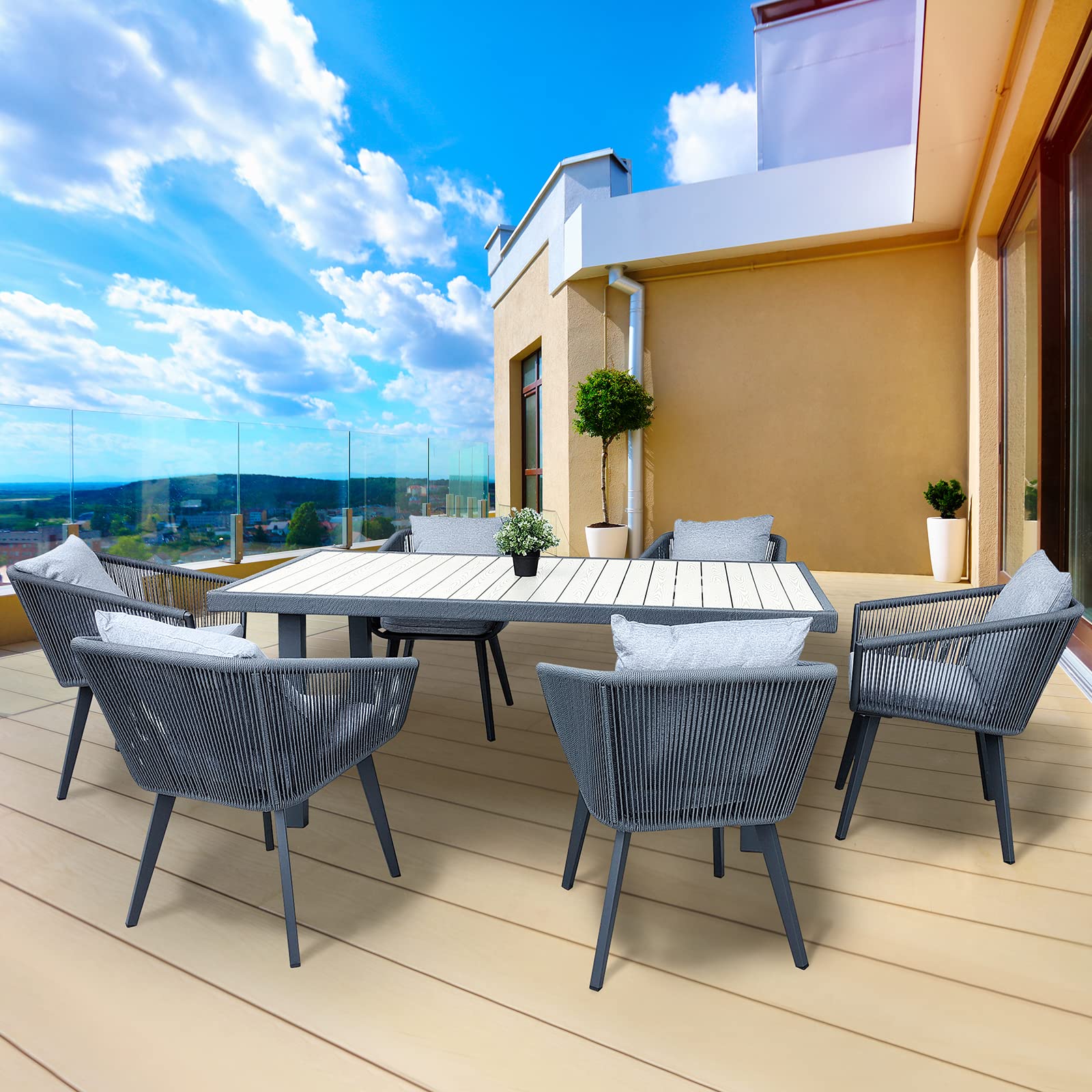 7-Piece Indoor/Outdoor Patio Dining Set - All-Weather Wicker Furniture with Aluminum Frame, Cushions & Pillows (6 Chairs + Rectangle Table) - Perfect for Backyard BBQs, Poolside Lounging & Garden Entertaining