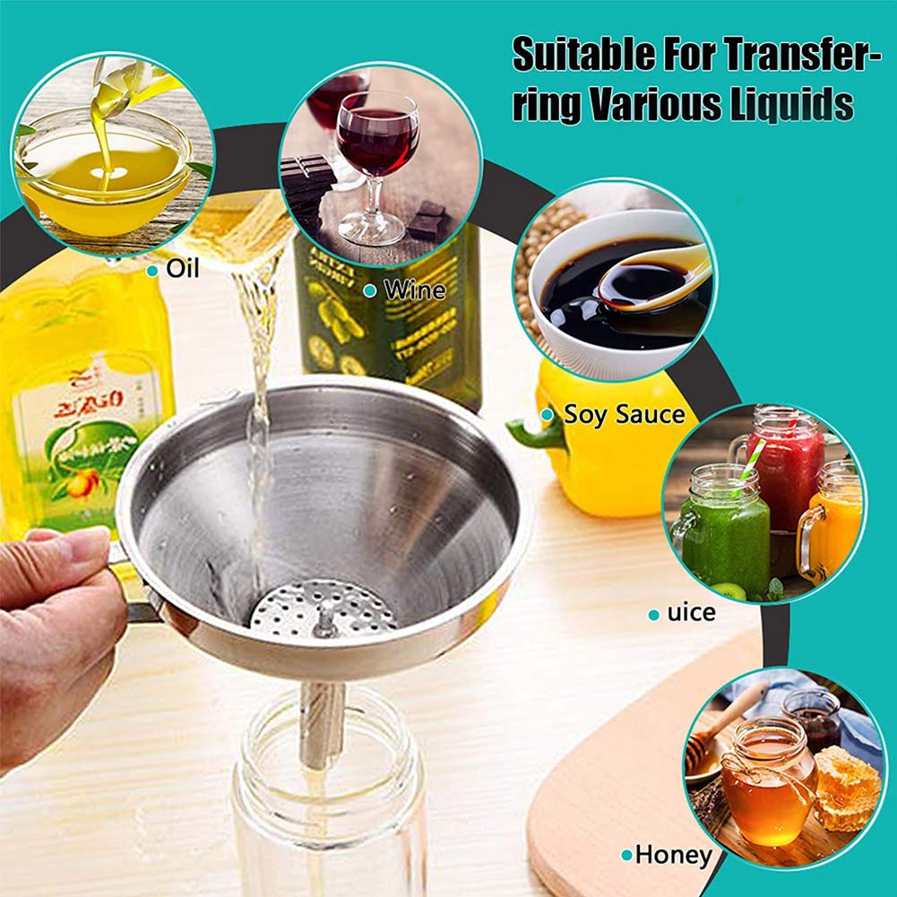 Premium Stainless Steel Funnel Set - 3-Piece Kitchen Strainer with Removable Filter for Liquids, Oils, Jams & Powders | Wide Mouth Canning Funnels for Cooking, Baking, Home Brewing & DIY Projects | Durable & Easy Clean
