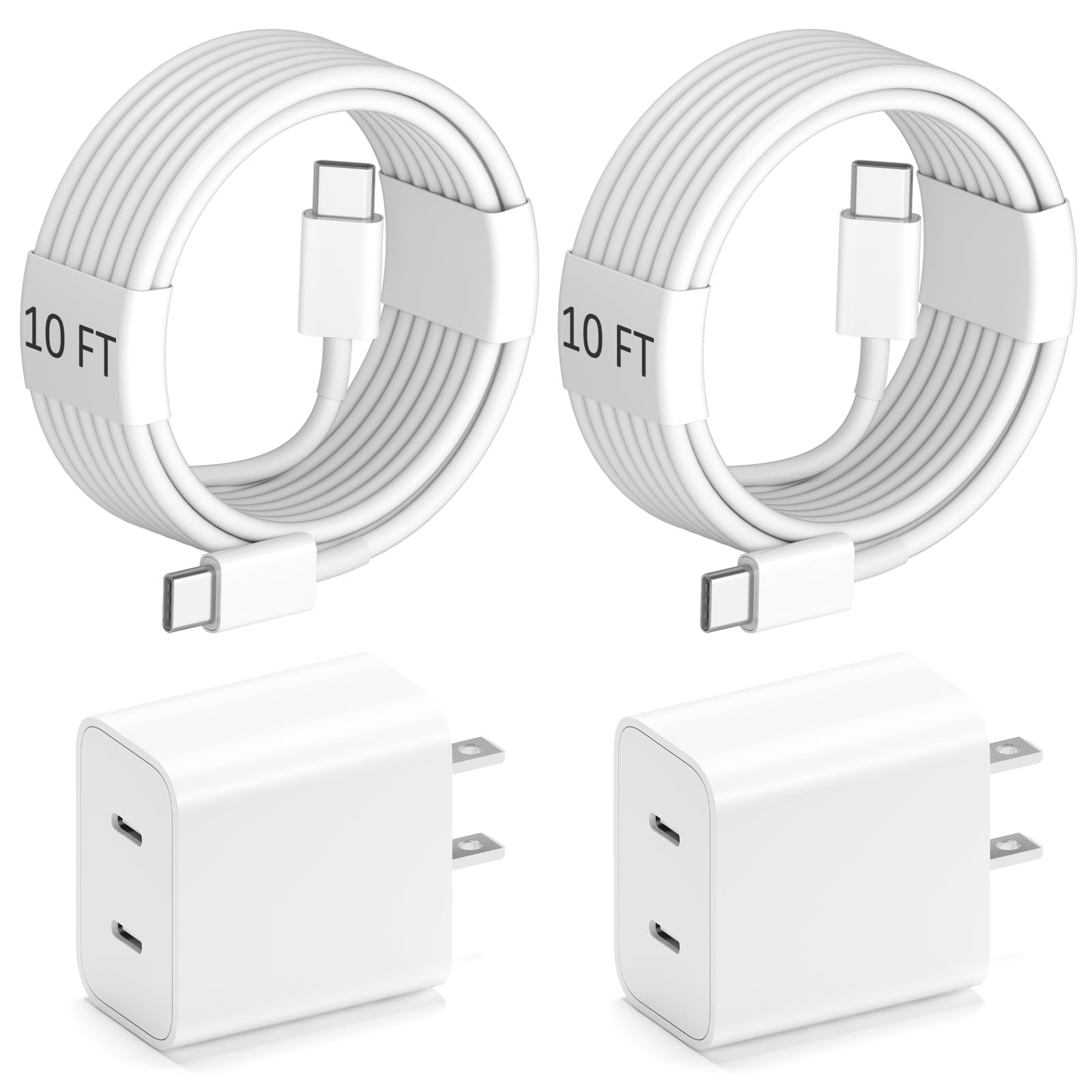 Fast Charging Block for iPhone 16/15 Series - Dual USB C Port Charger with 2-Pack 10FT USB C to C Cables - Compatible with iPhone 16 Pro Max/16 Pro/16 Plus/15 Pro Max/15 Pro/15 Plus - Perfect for Home, Office & Travel Charging Needs