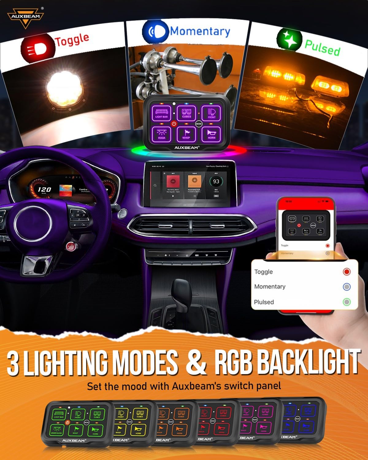 Auxbeam 6 Gang Switch Panel Bluetooth AR-600 RGB Backlit Large Button Auxiliary Switch Pod with Toggle/Momentary/Pulsed Modes - Waterproof 12-24V for UTV, Boat, Truck, RV | Off-Road Lighting, Marine Control, Vehicle Customization | 2 Year Warranty