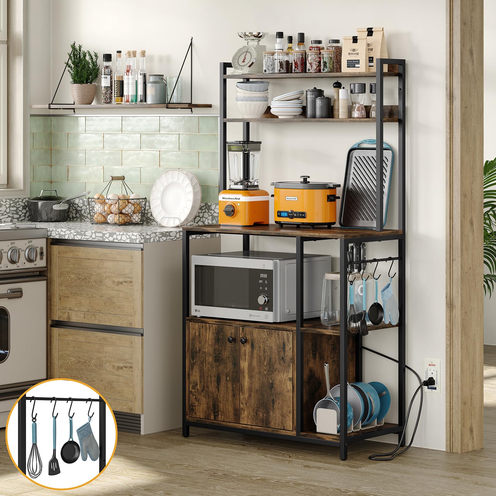 Furniouse 5-Tier Industrial Baker's Rack with Power Outlet & Storage Cabinet - Rustic Brown Kitchen Microwave Stand for Small Spaces | Perfect for Baking, Cooking & Kitchen Organization