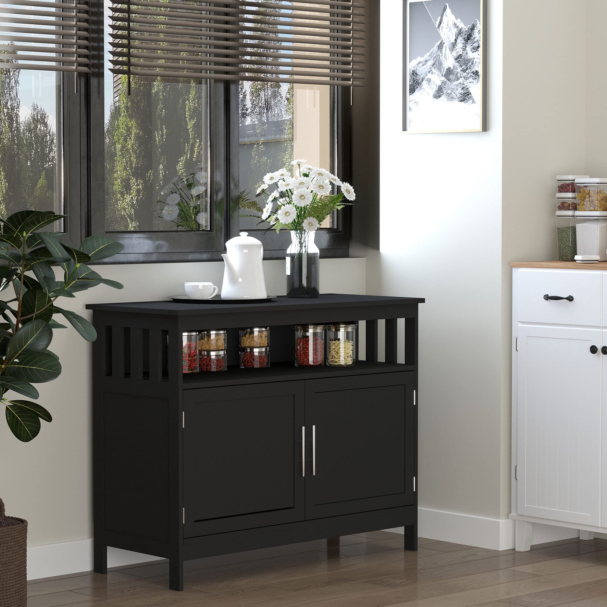 HOMCOM Modern Sideboard Buffet Cabinet with 2-Tier Shelf & Open Storage - Black Coffee Bar Cabinet for Dining Room, Living Room & Kitchen Organization