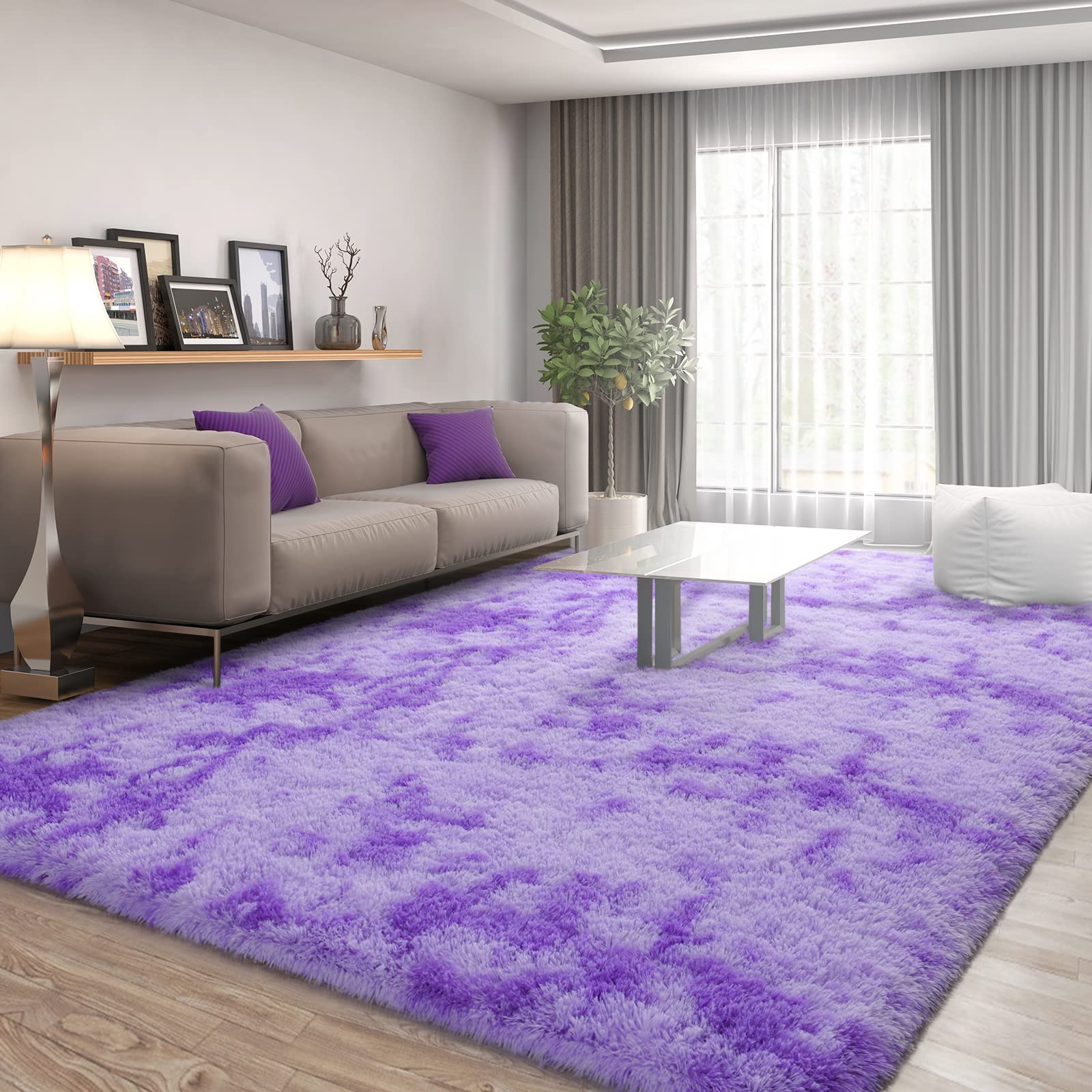 FlyDOIT Purple Tie-Dyed Shaggy Area Rug 4x6 Feet - Ultra Soft Plush Fluffy Living Room Rug, Modern Fuzzy Throw Carpet for Bedroom, Nursery, Kids Room & Dorm Decor - Perfect for Cozy Home & Boho Chic Style