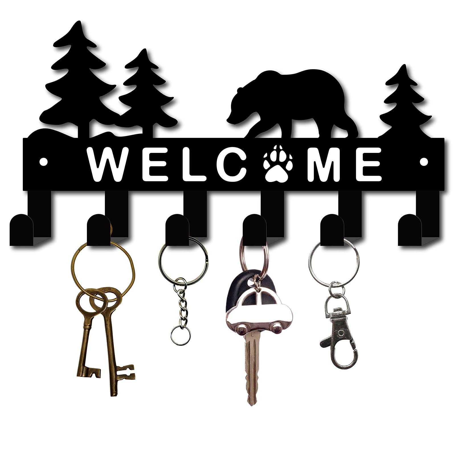CREATCABIN Black Metal Key Holder Wall Mount - 6 Hooks Iron Key Organizer with Welcome Bear Decor - 10.6 x 5.5 Inch Rustic Entryway Hanger for Home, Housewarming Gift (Perfect for Organizing Keys, Hats & Towels in Entryway, Kitchen or Office)