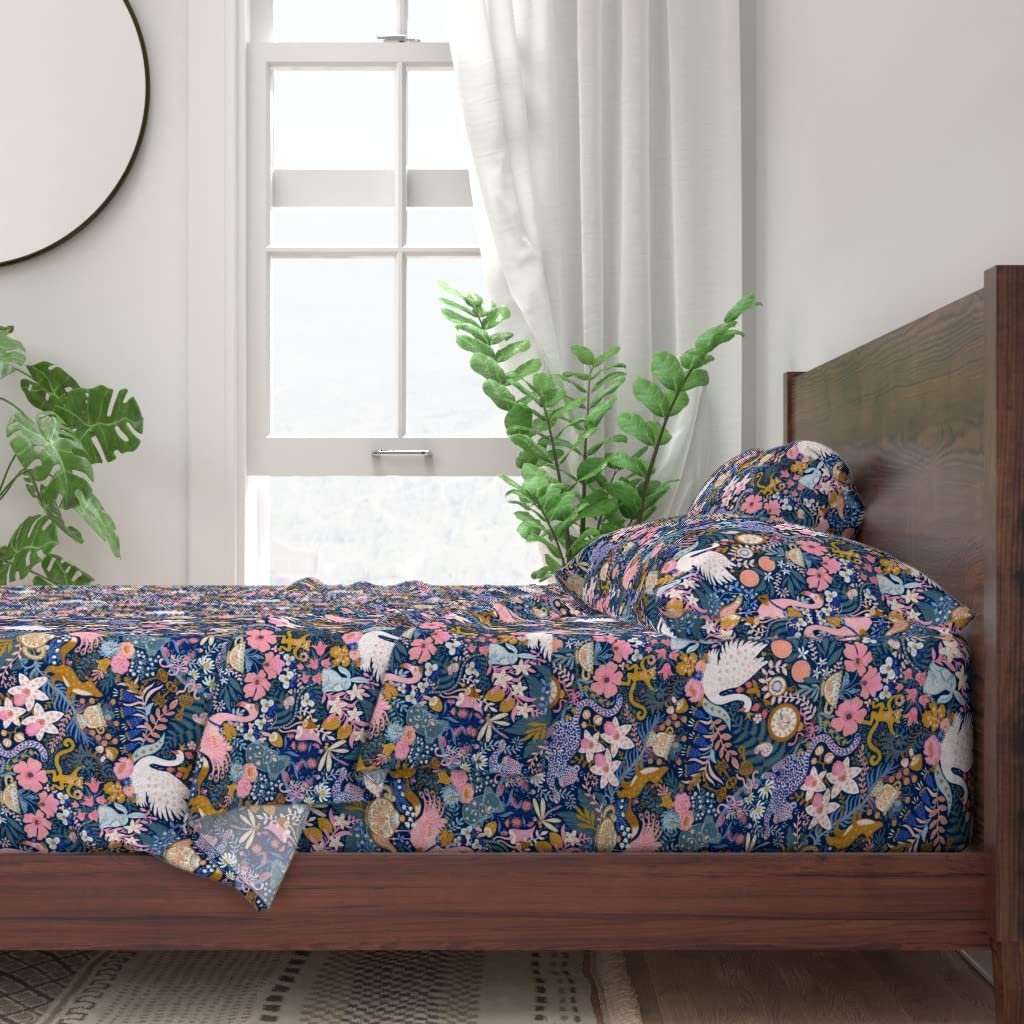 Spoonflower 100% Cotton Twin 3-Piece Sheet Set - Tea Time Keys Bunny Citrus Monkey Fern Flamingo Poppy Print Custom Bedding | Soft & Breathable for Kids & Adults Bedroom Decor