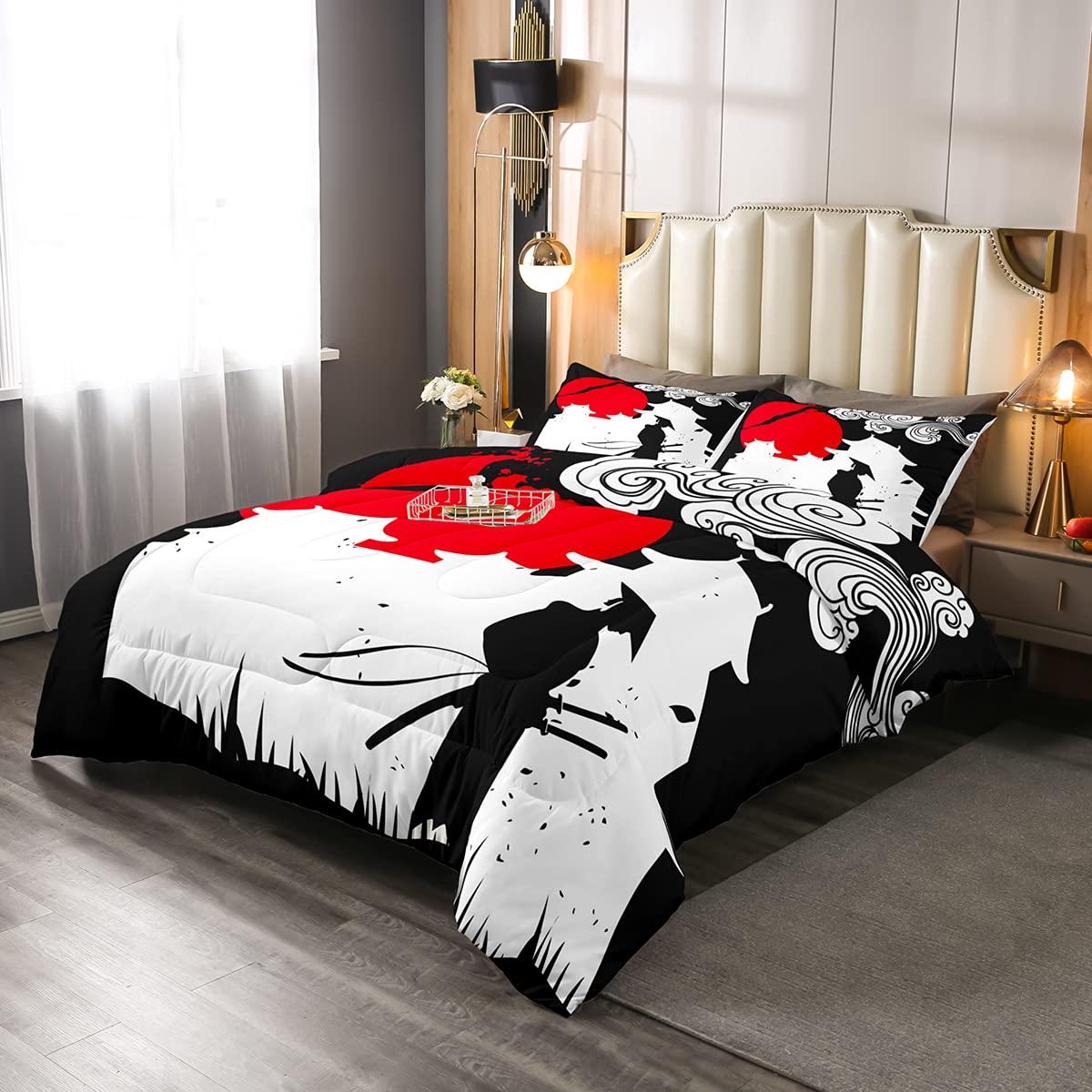 Erosebridal Samurai Comforter Set Twin Size - Sunset Print Japanese Duvet Cover with Building Silhouette | Ultra Lightweight Quilted Bedding | Perfect for Anime Fans, Japan-Themed Rooms & Unique Home Decor