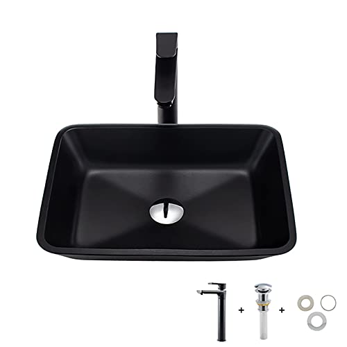 Black Vessel Sink with Faucet - Tempered Glass Bathroom Vanity Sink for Countertops & Cabinets